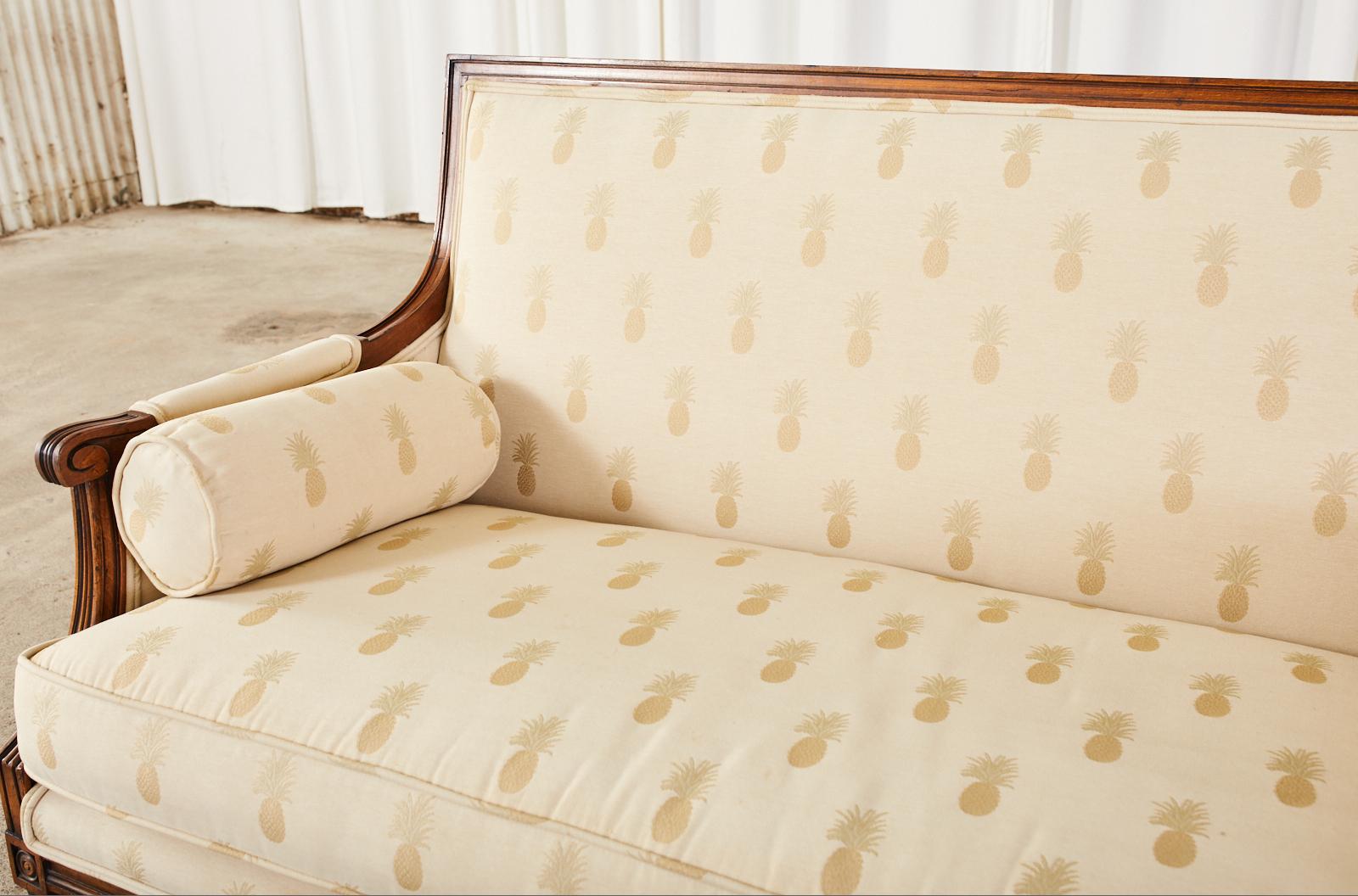 French Louis XVI Style Settee with Pineapple Motif Fabric In Good Condition In Rio Vista, CA