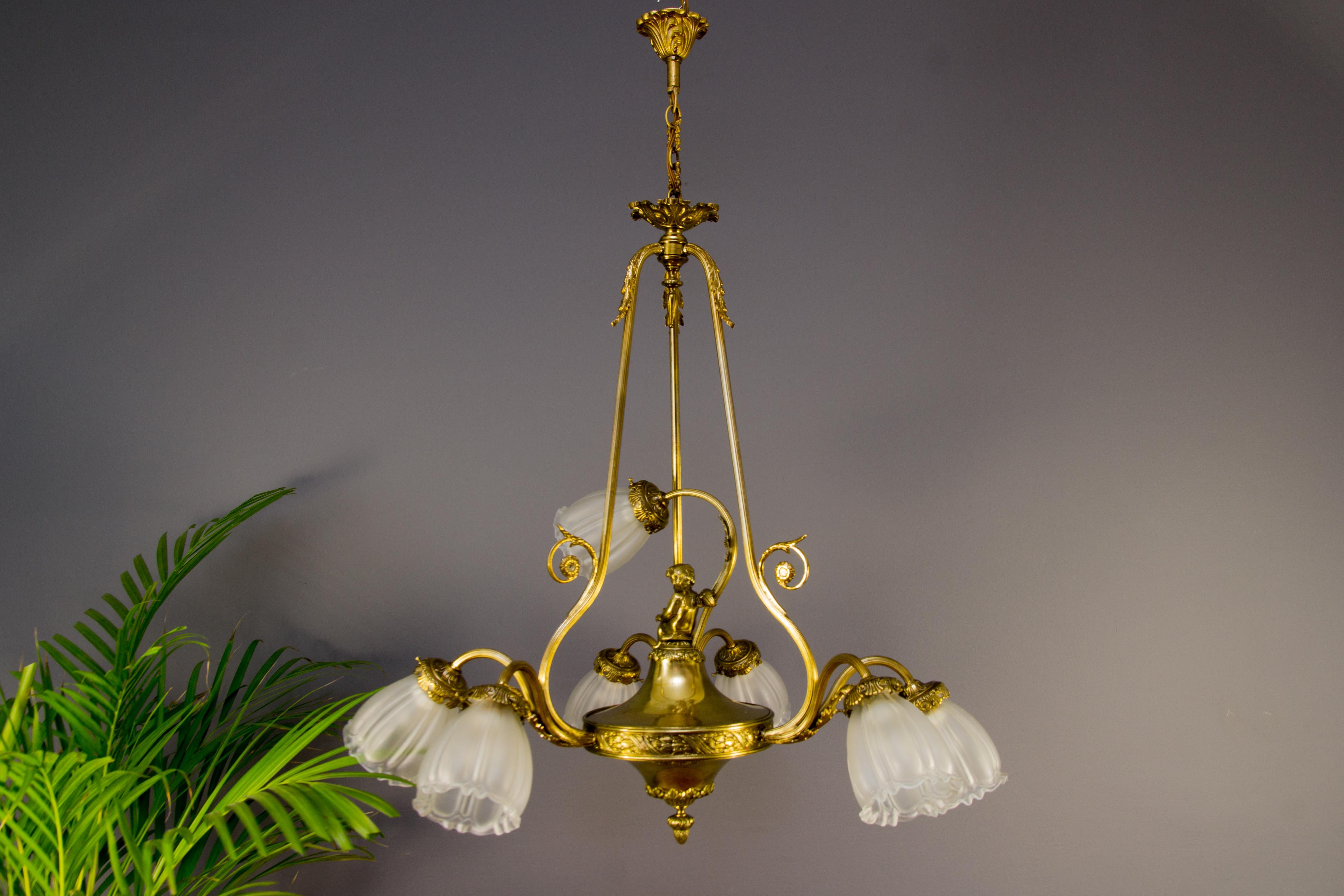 French Louis XVI Style Seven-Light Brass, Bronze and Glass Cherub Chandelier 15