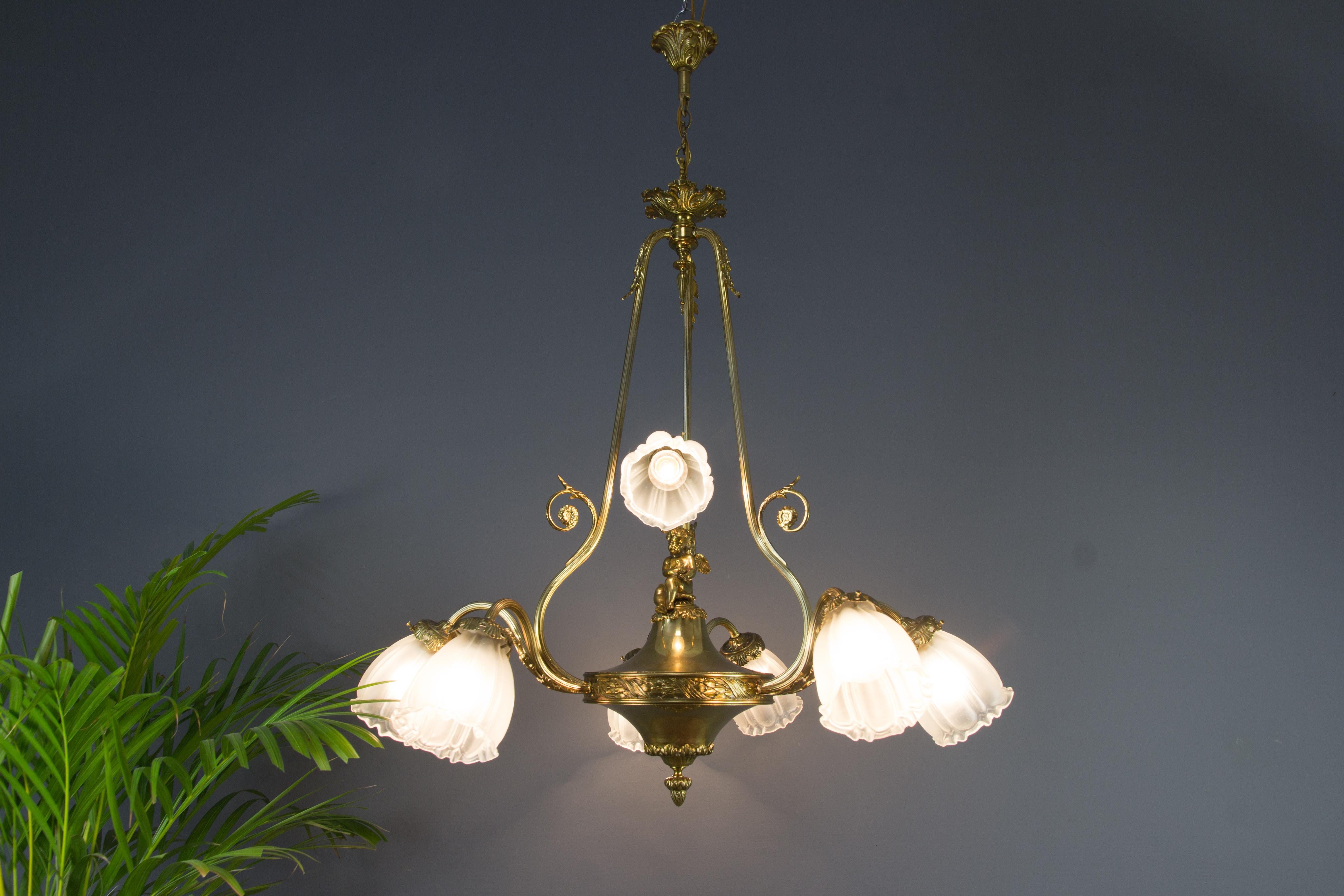 Frosted French Louis XVI Style Seven-Light Brass, Bronze and Glass Cherub Chandelier