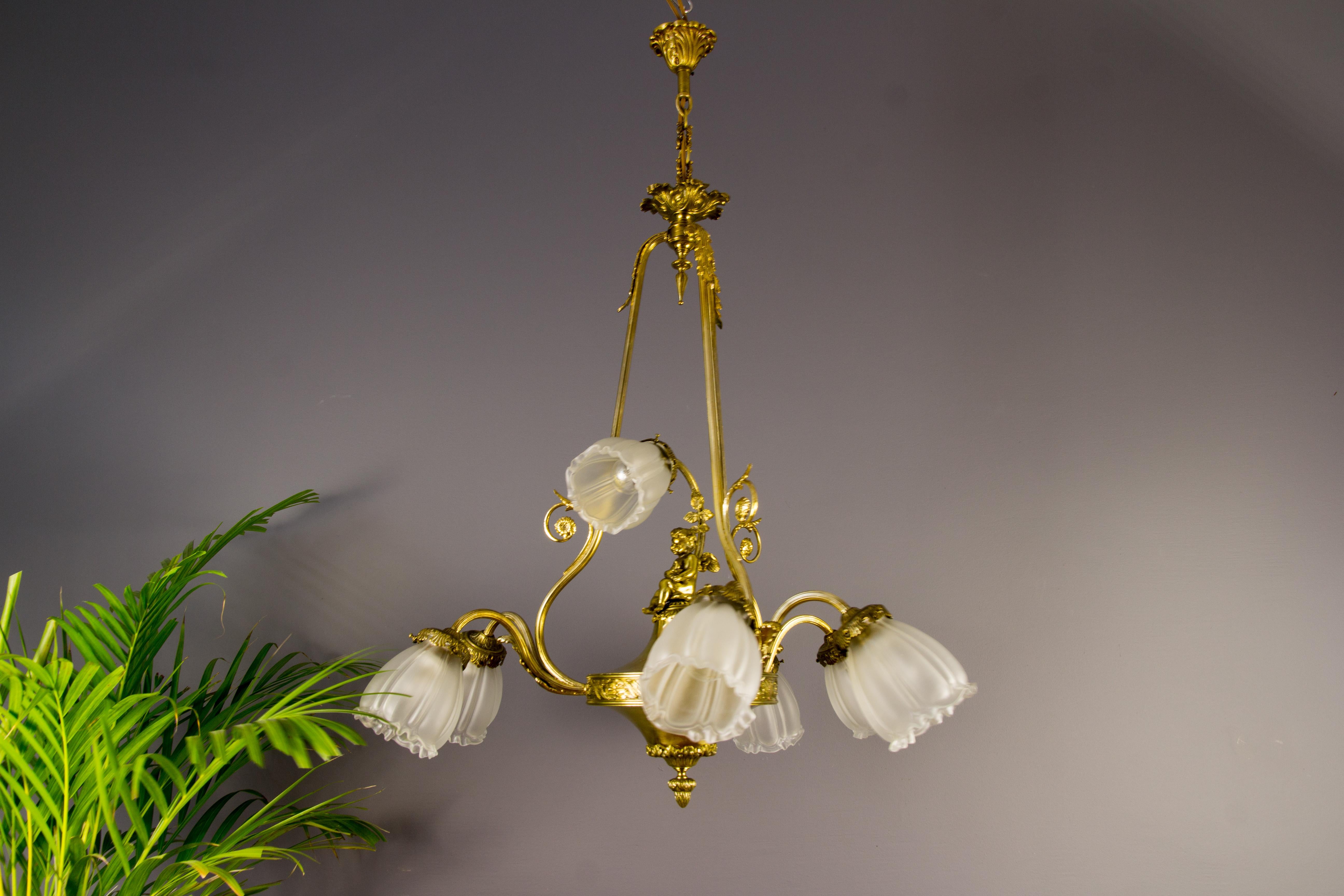 French Louis XVI Style Seven-Light Brass, Bronze and Glass Cherub Chandelier 1