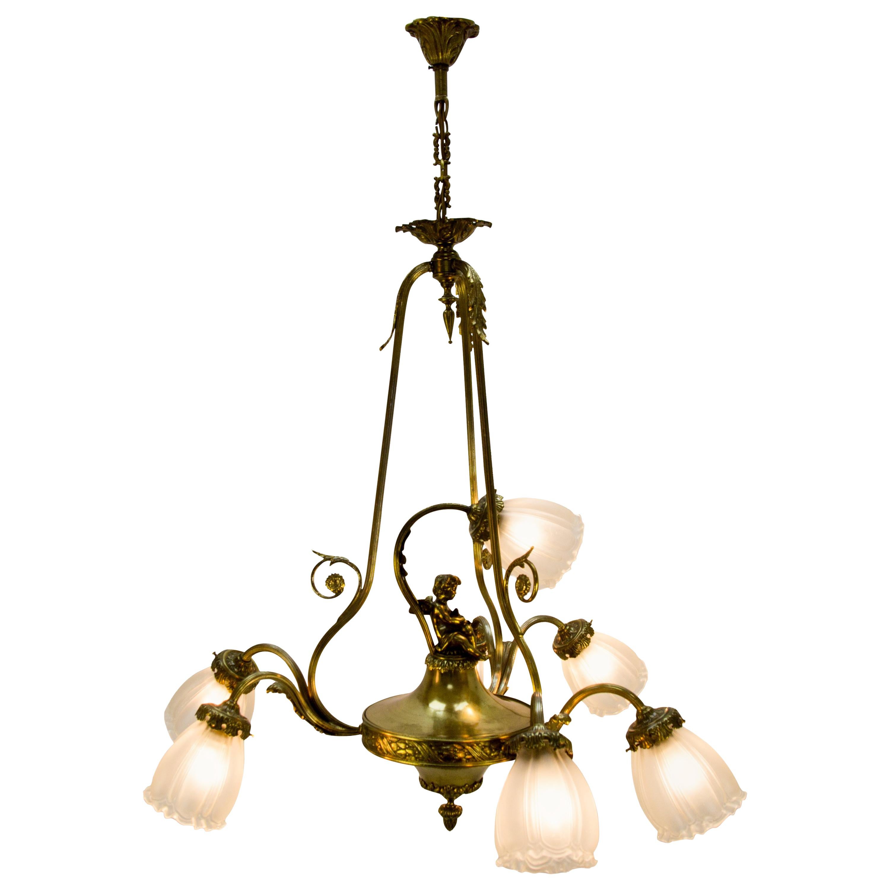 French Louis XVI Style Seven-Light Brass, Bronze and Glass Cherub Chandelier