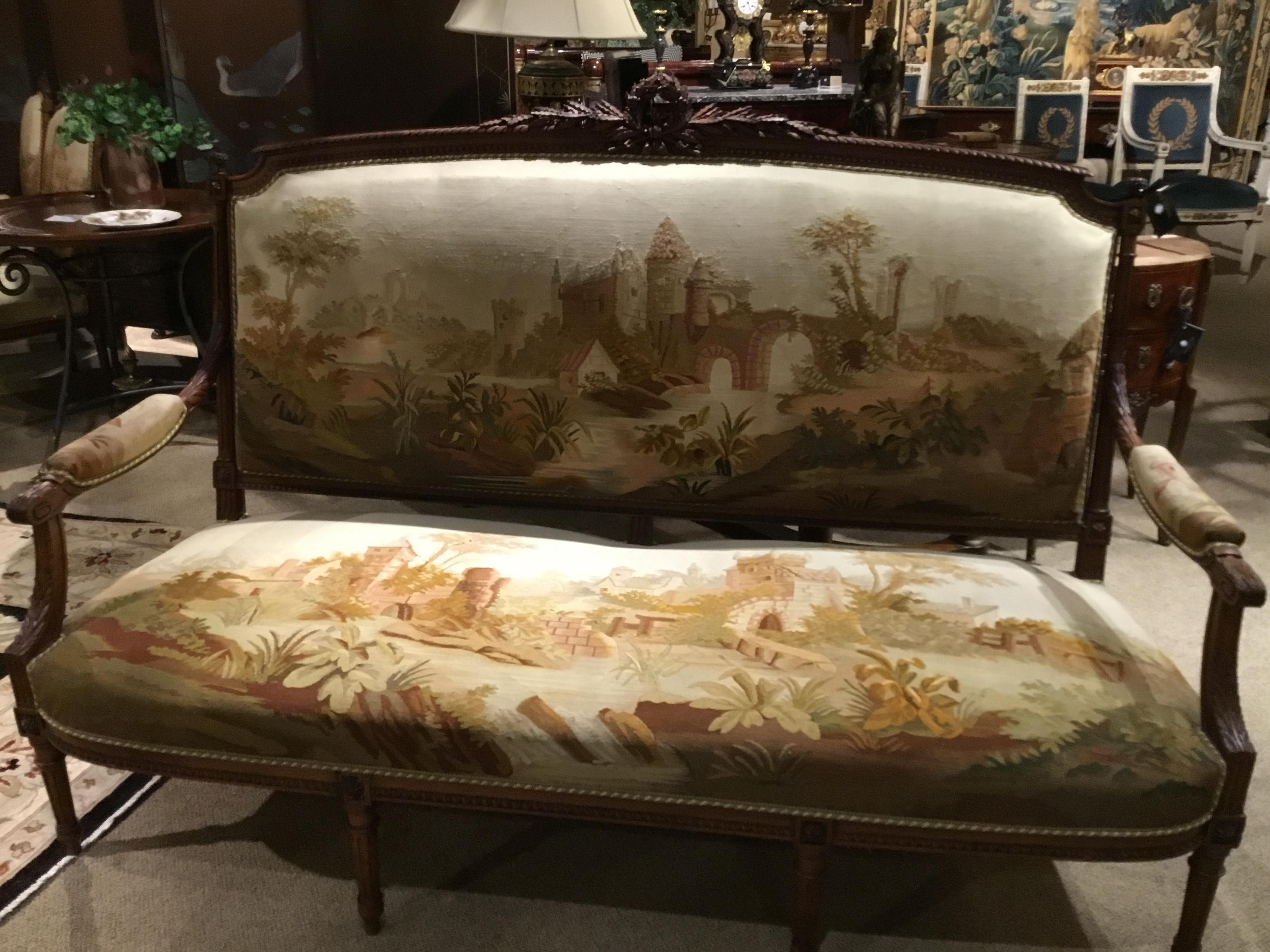 French Louis XVI Style Seven Piece settee suite , Walnut 19th C with Aubusson  For Sale 12