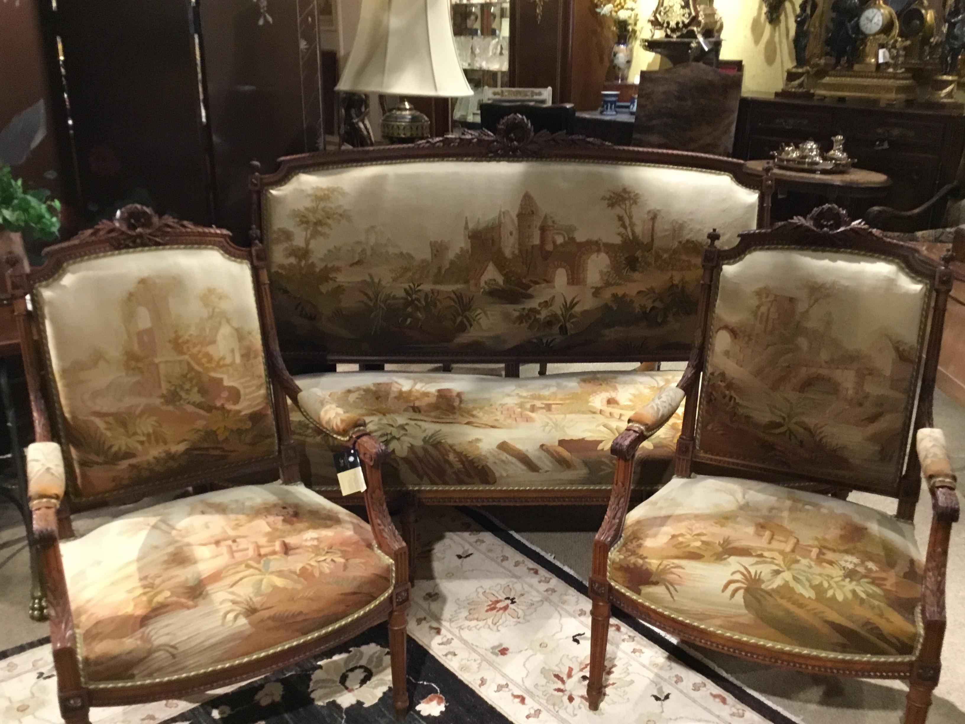 French Louis XVI Style Seven Piece settee suite , Walnut 19th C with Aubusson  For Sale 2