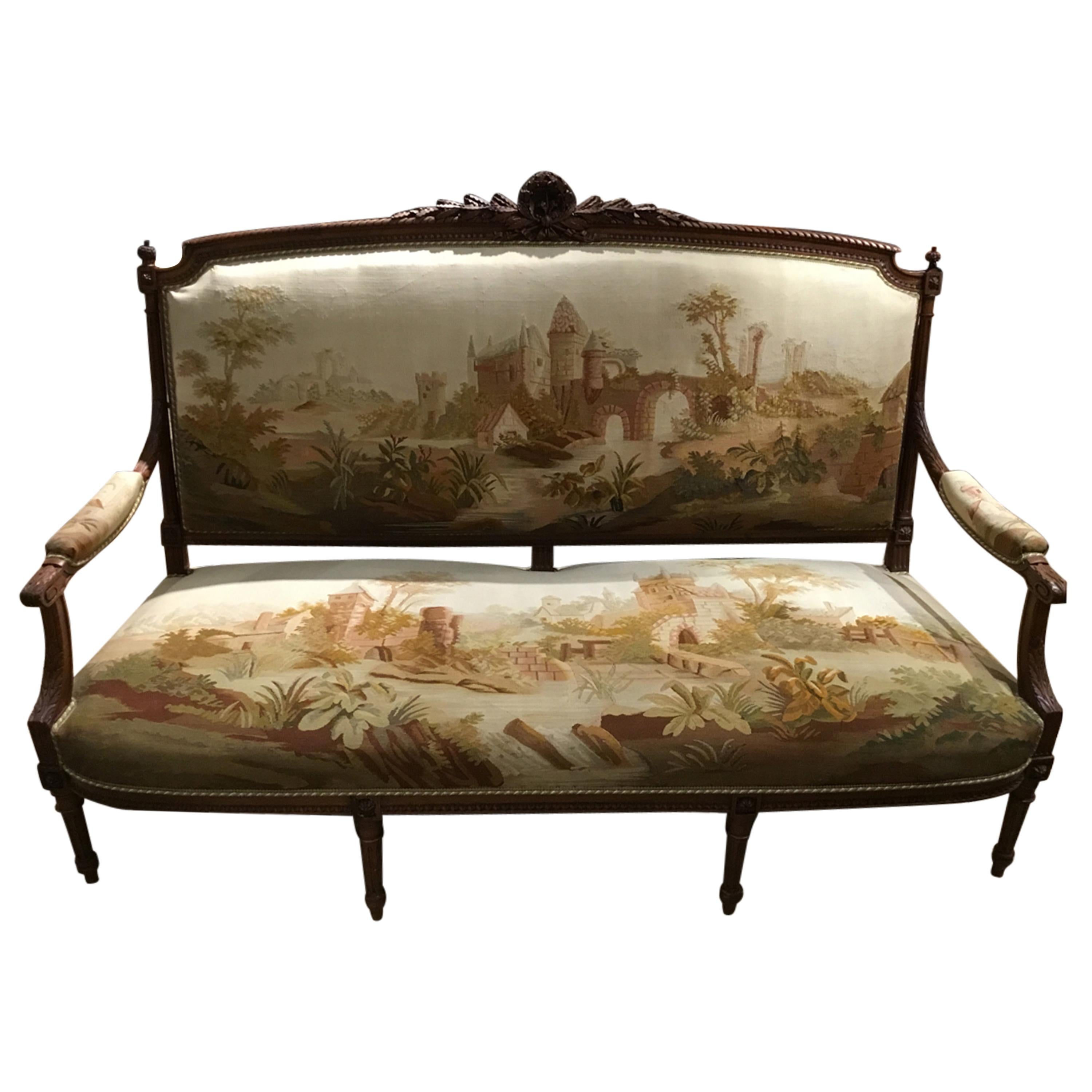 French Louis XVI Style Seven Piece settee suite , Walnut 19th C with Aubusson 