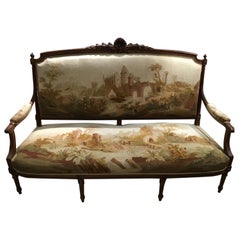 Antique French Louis XVI Style Seven Piece settee suite , Walnut 19th C with Aubusson 