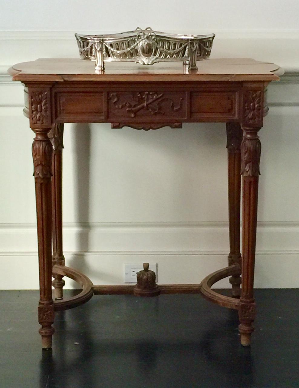 Wood French Louis XVI Style Side Table or Writing Table, Entretoise Legs For Sale