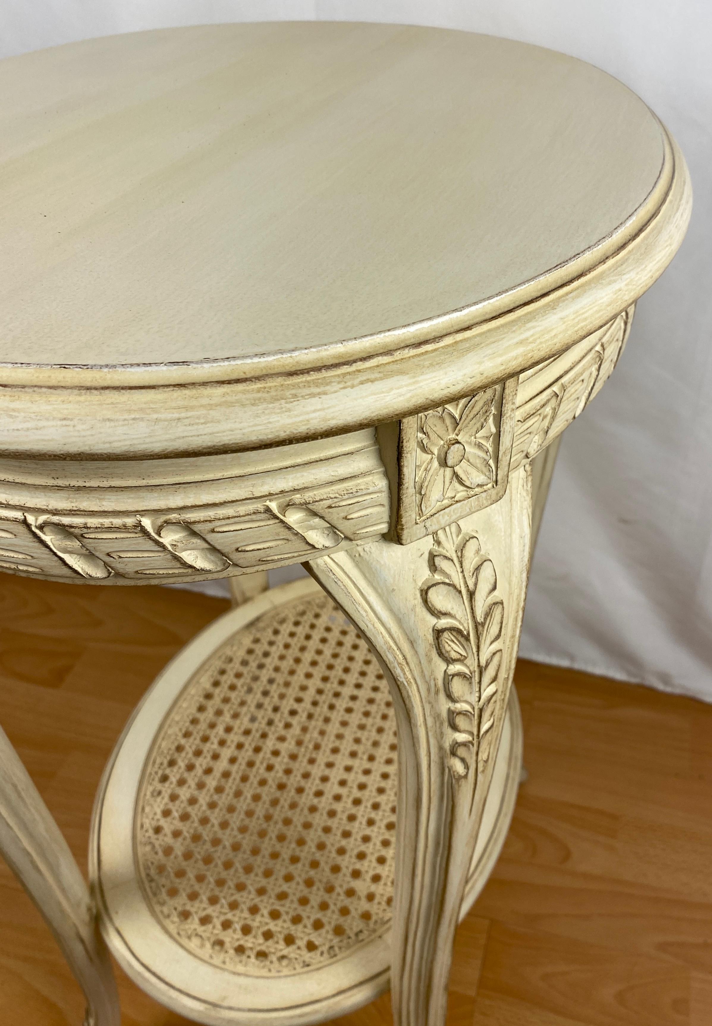 Hand-Crafted French Louis XVI Style Side Table with Caned Bottom Shelf For Sale