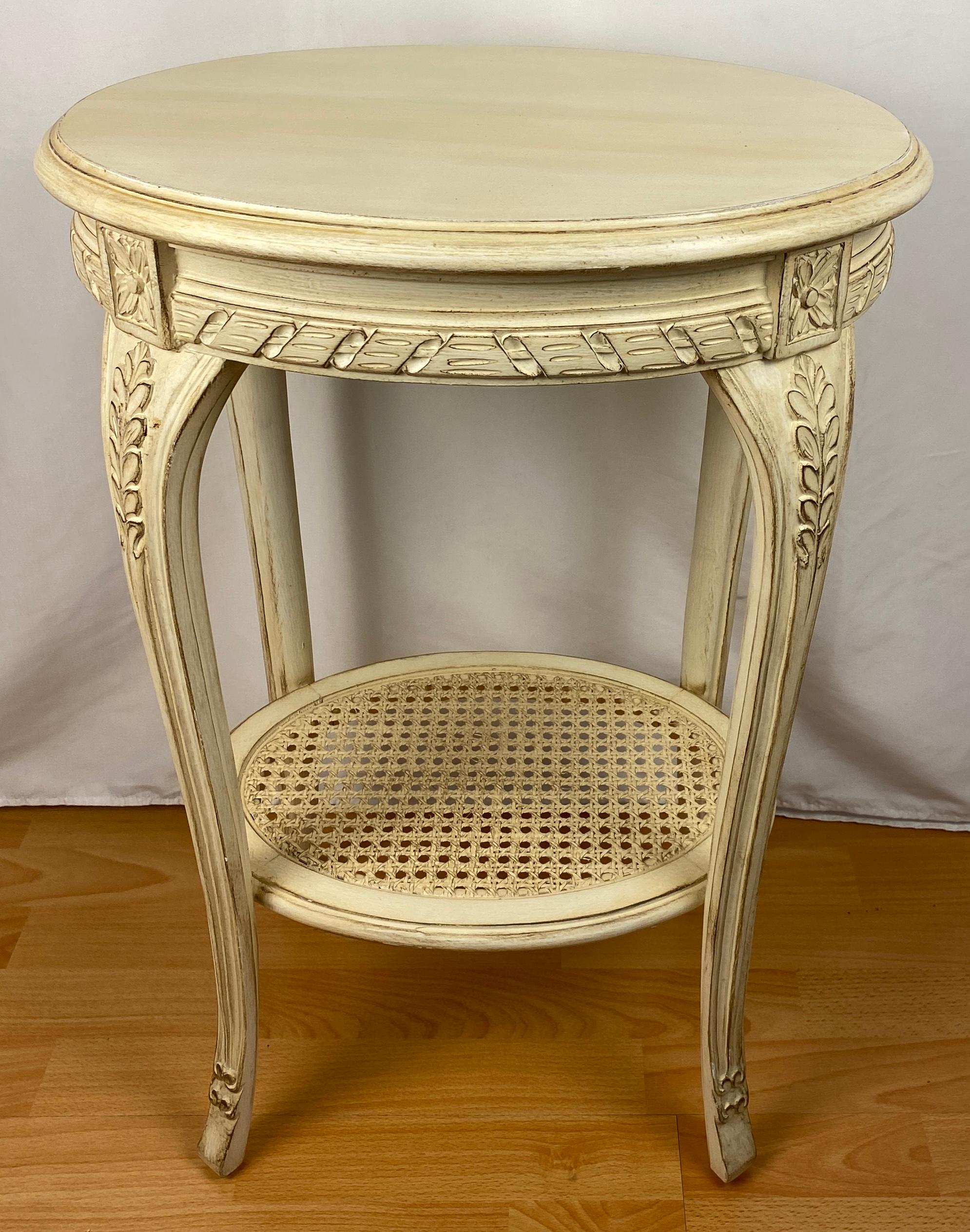 Beech French Louis XVI Style Side Table with Caned Bottom Shelf For Sale