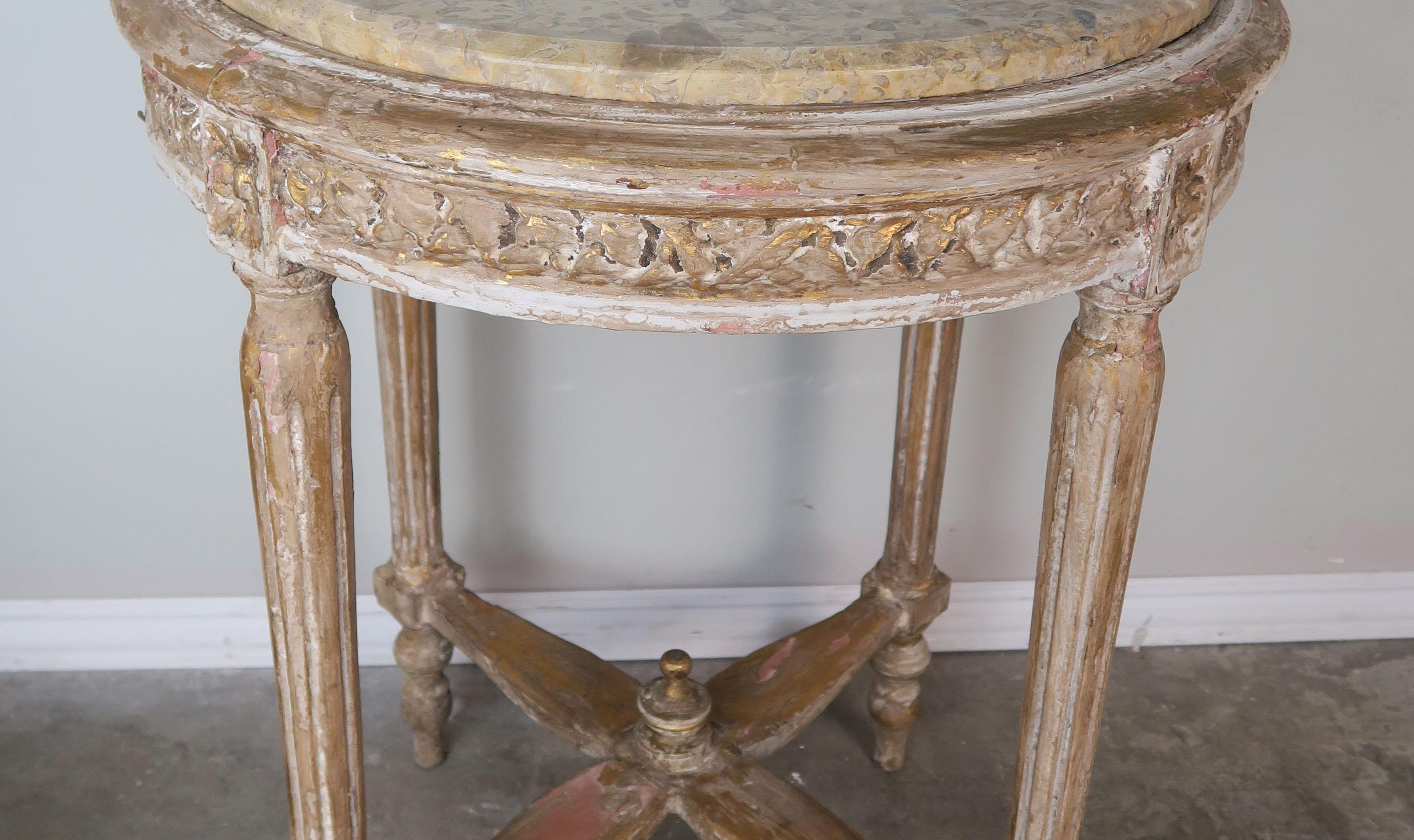 Hand-Painted French Louis XVI Style Side Table with Marble Top