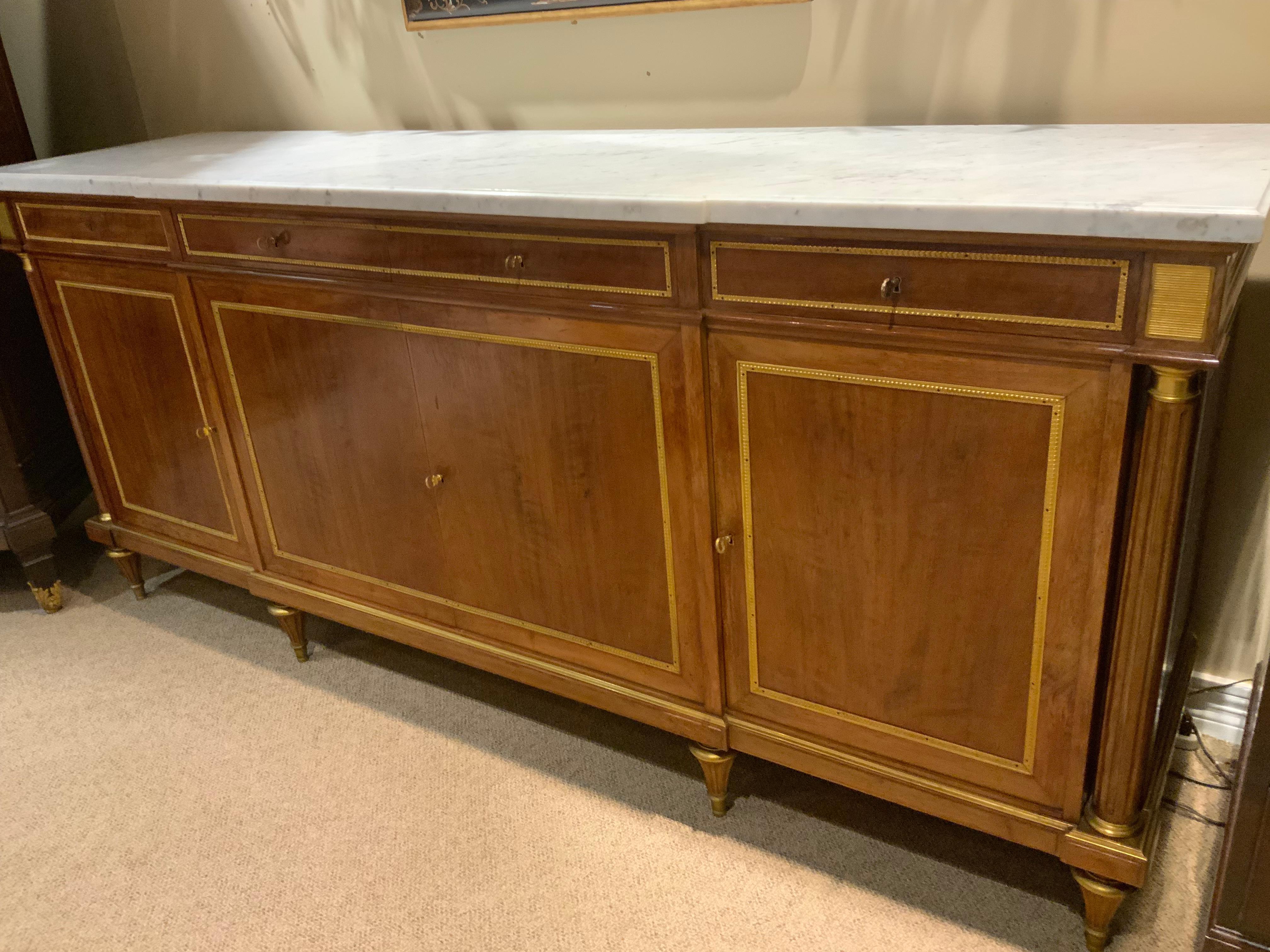 French Louis XVI-Style sideboard/buffet mahogany with white marble top by Rinck In Excellent Condition For Sale In Houston, TX