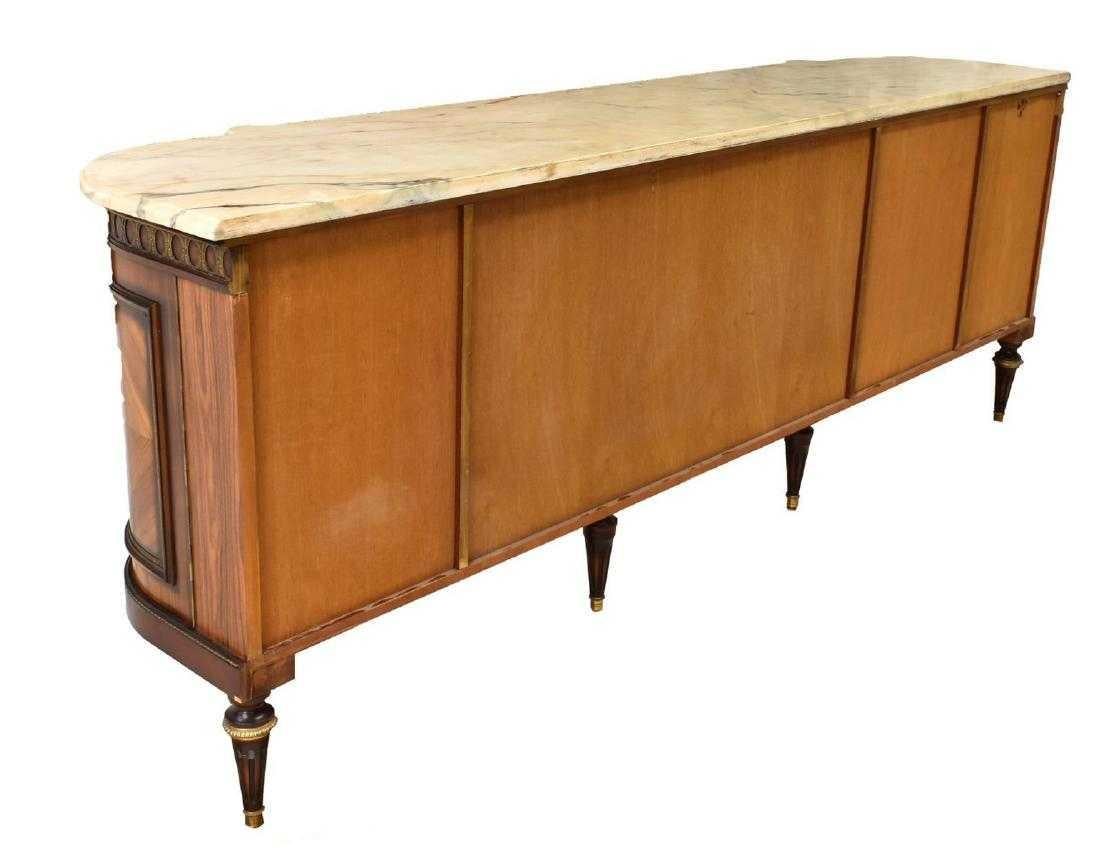 Remarkable French Louis XVI style mahogany sideboard by J. P. Ehalt. 20th century having a marble top above the body accented by elaborate marquetry inlays featuring musical instruments and parquetry; gilt metal elements overall including foliate,