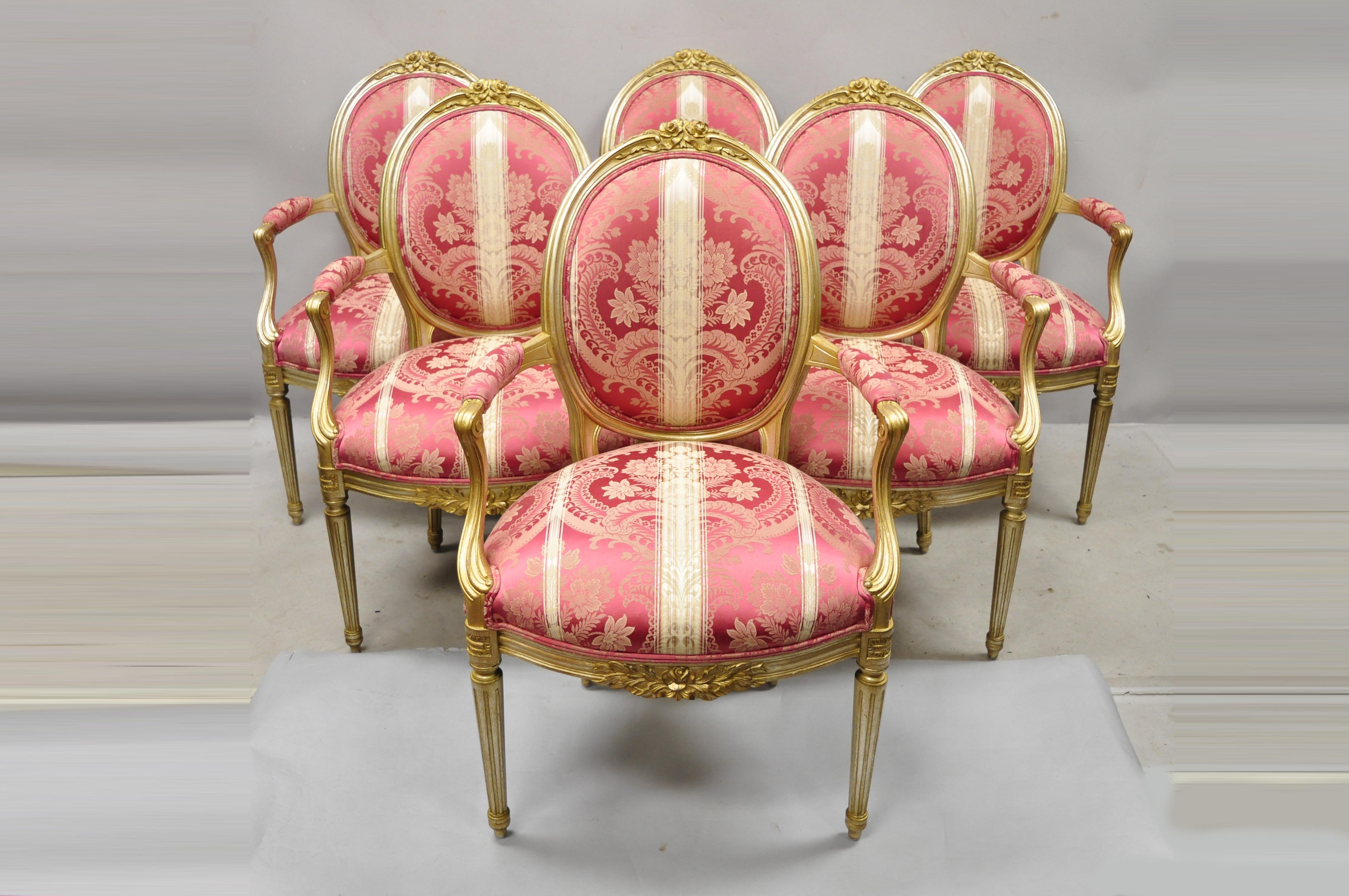 French Louis XVI Style Silver Gold Gilt Pink Damask Oval Back Arm Chairs, Pair For Sale 4