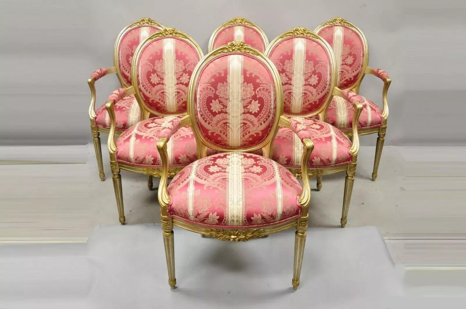 French Louis XVI Style Silver Gold Gilt Pink Damask Oval Back Arm Chairs - Pair For Sale 4