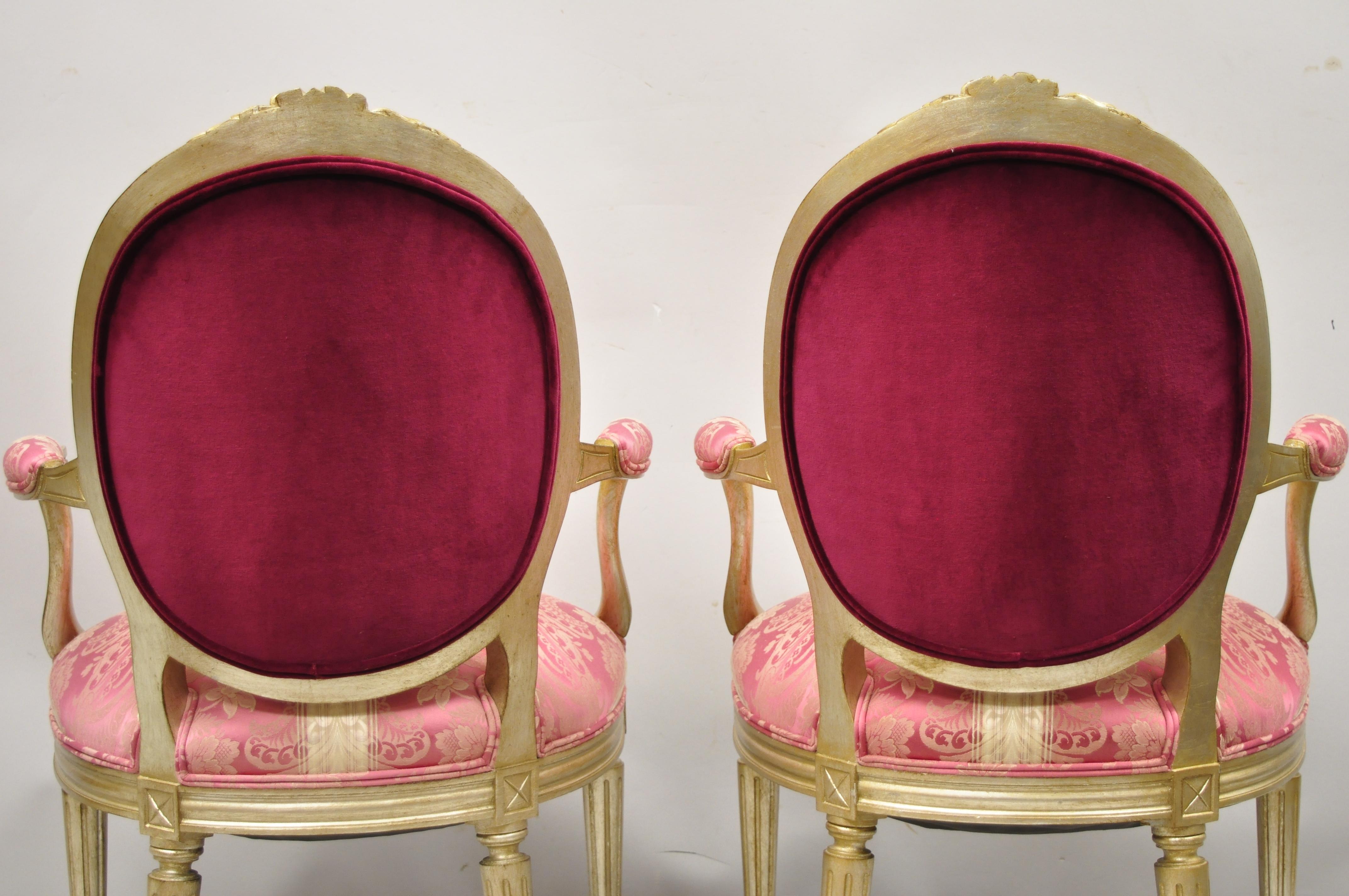 French Louis XVI Style Silver Gold Gilt Pink Damask Oval Back Arm Chairs, Pair For Sale 5