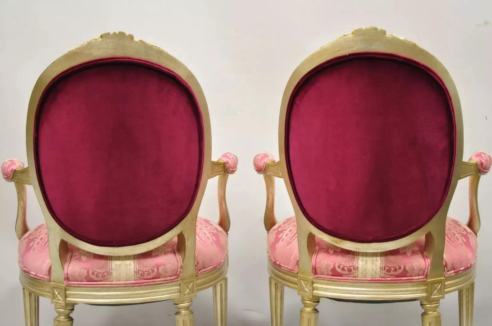 French Louis XVI Style Silver Gold Gilt Pink Damask Oval Back Arm Chairs - Pair For Sale 5