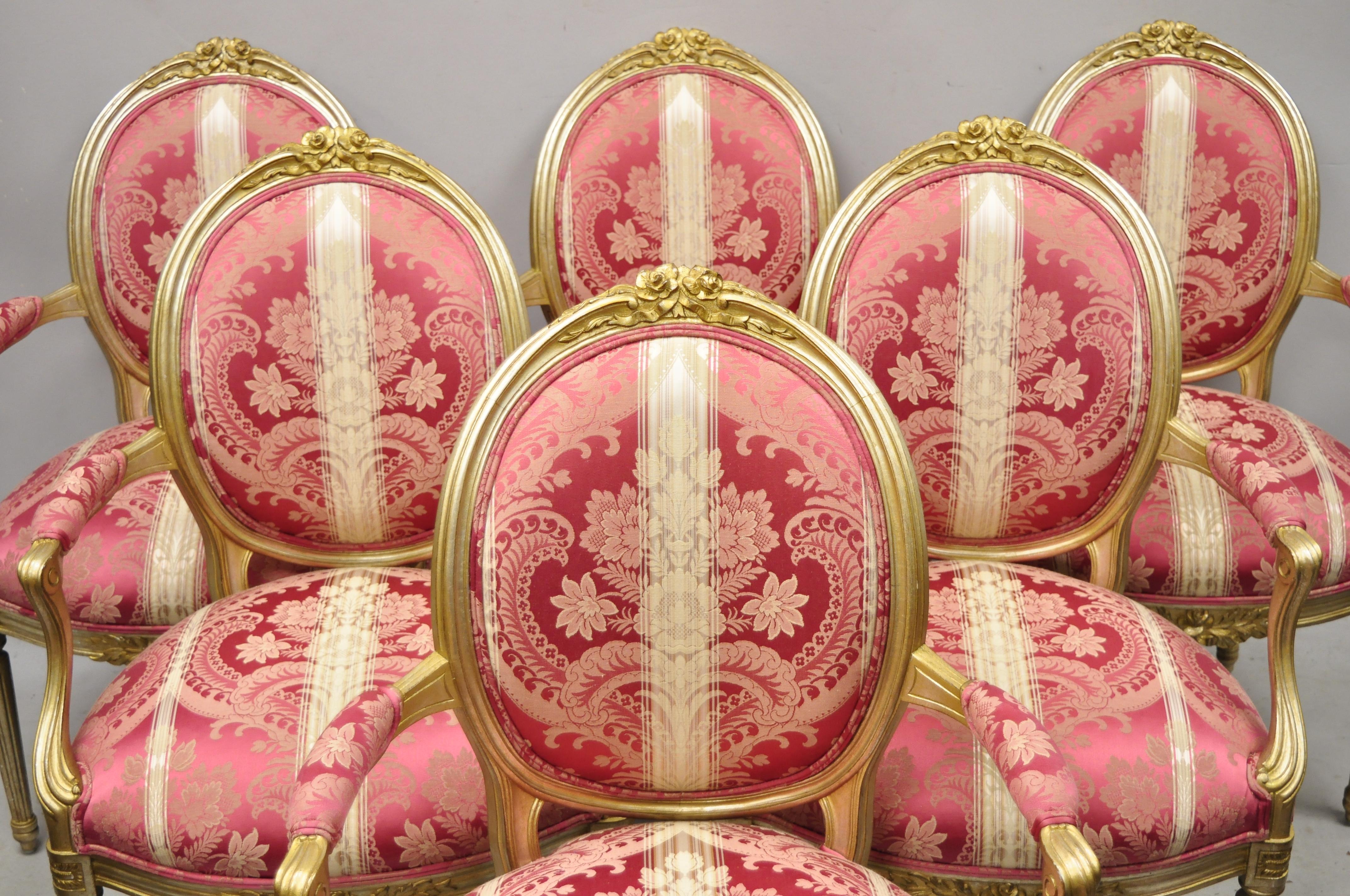 French Louis XVI Style Silver Gold Gilt Pink Damask Oval Back Arm Chairs, Pair For Sale 6