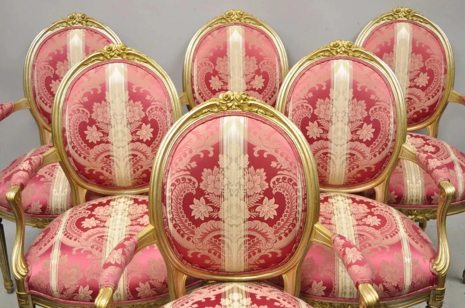 French Louis XVI Style Silver Gold Gilt Pink Damask Oval Back Arm Chairs - Pair For Sale 6