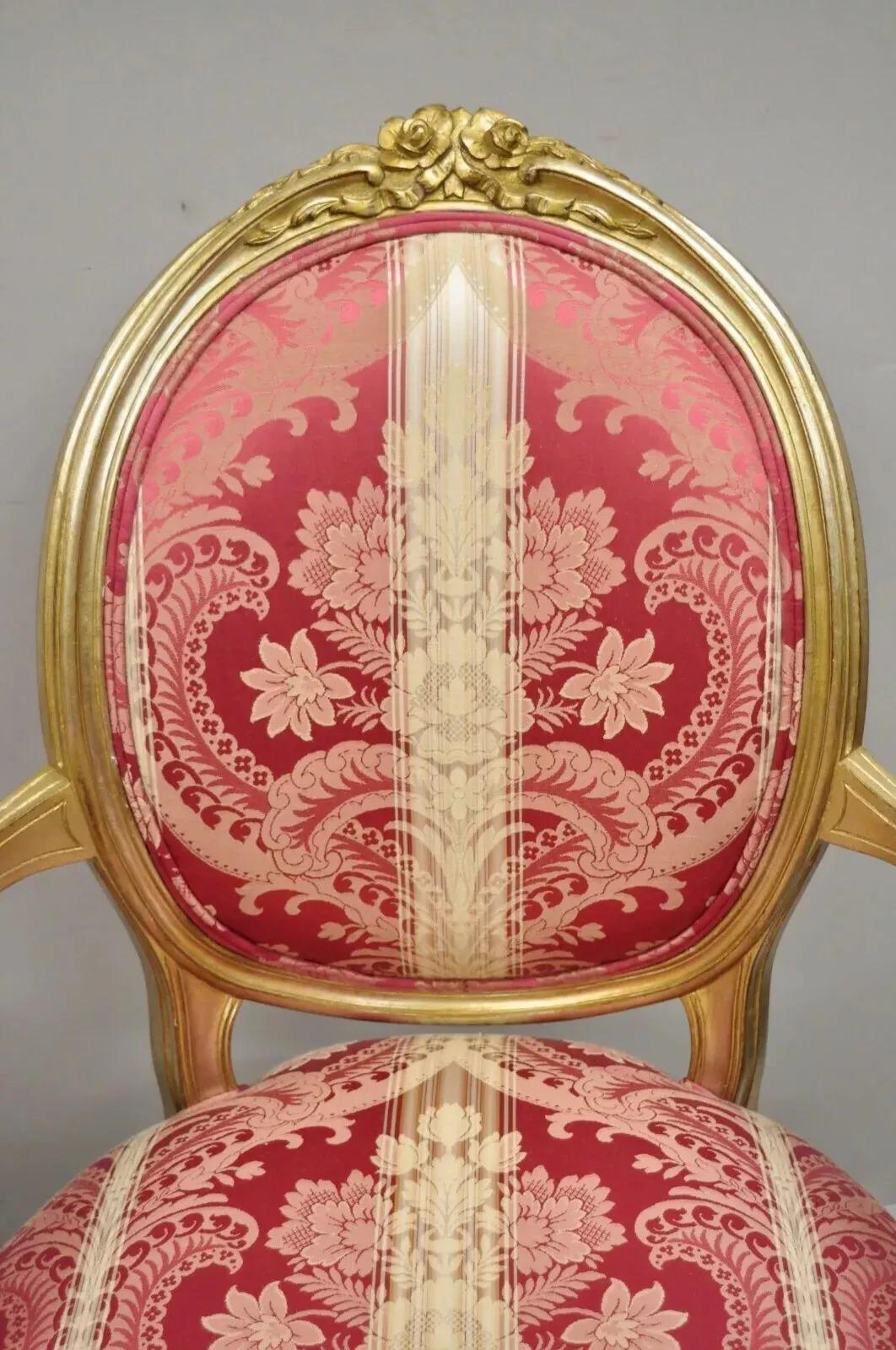 Unknown French Louis XVI Style Silver Gold Gilt Pink Damask Oval Back Arm Chairs - Pair For Sale