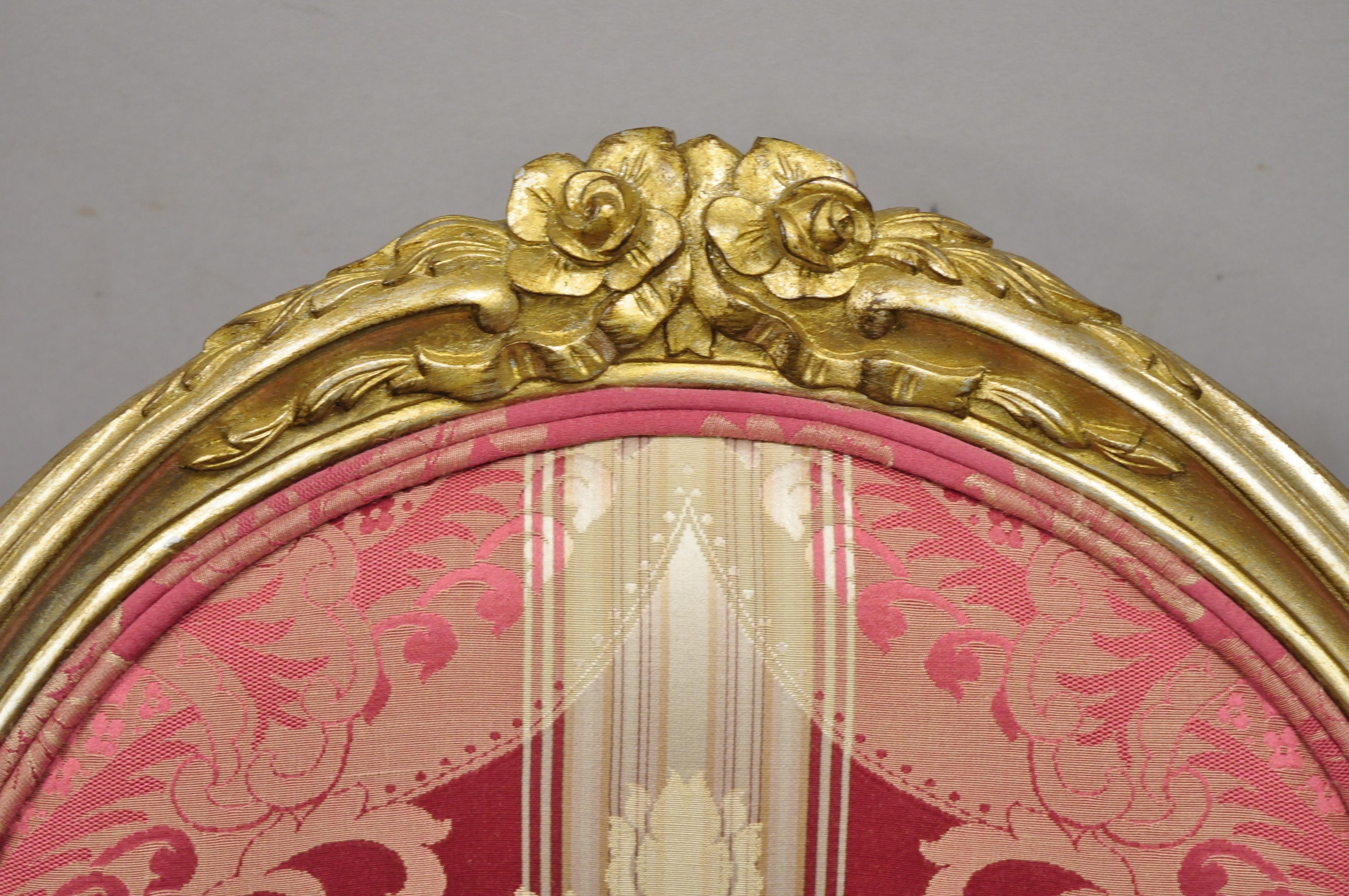 French Louis XVI Style Silver Gold Gilt Pink Damask Oval Back Arm Chairs, Pair In Good Condition For Sale In Philadelphia, PA