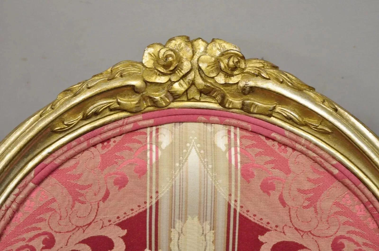French Louis XVI Style Silver Gold Gilt Pink Damask Oval Back Arm Chairs - Pair In Good Condition For Sale In Philadelphia, PA