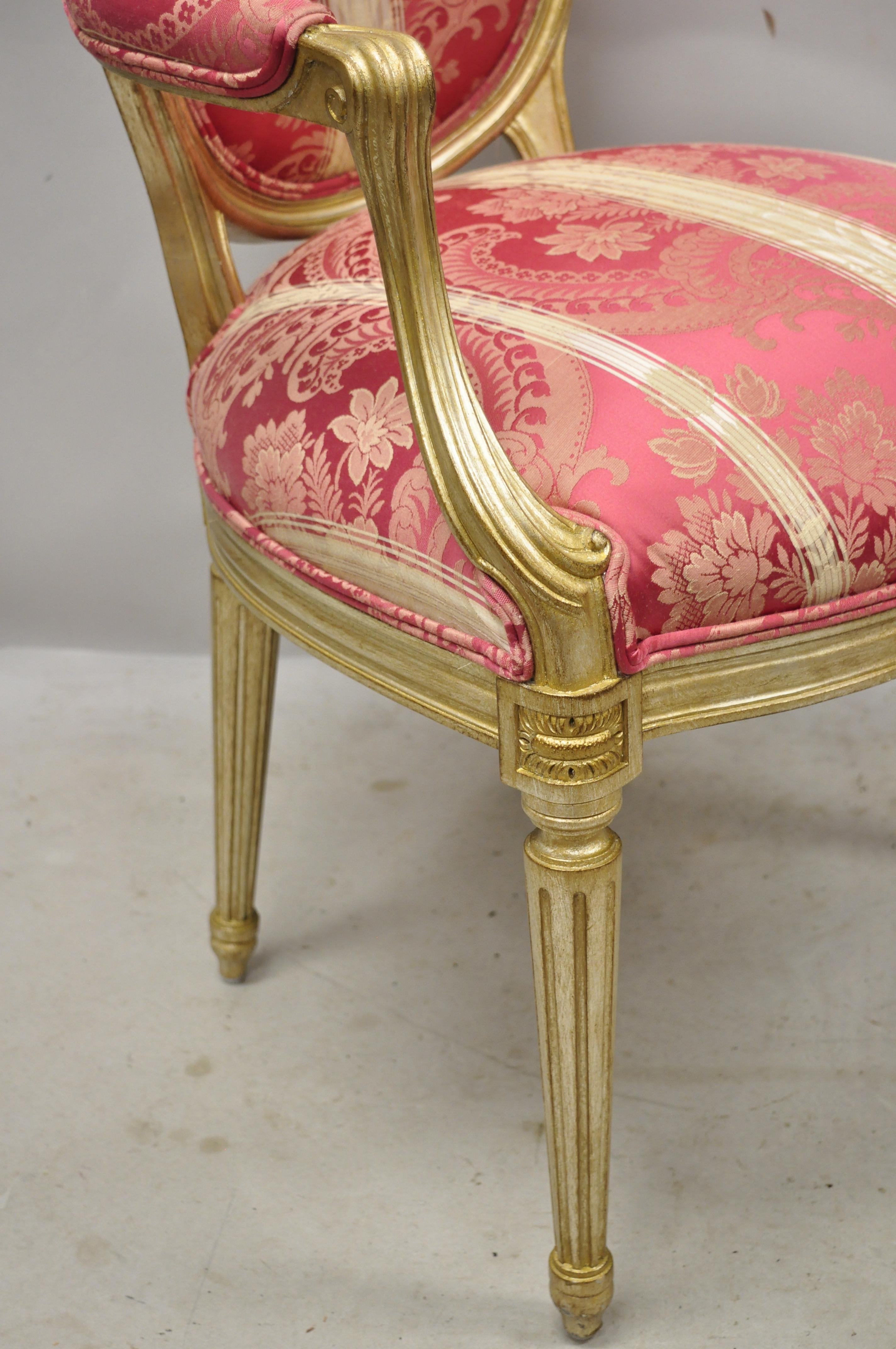 Contemporary French Louis XVI Style Silver Gold Gilt Pink Damask Oval Back Arm Chairs, Pair For Sale