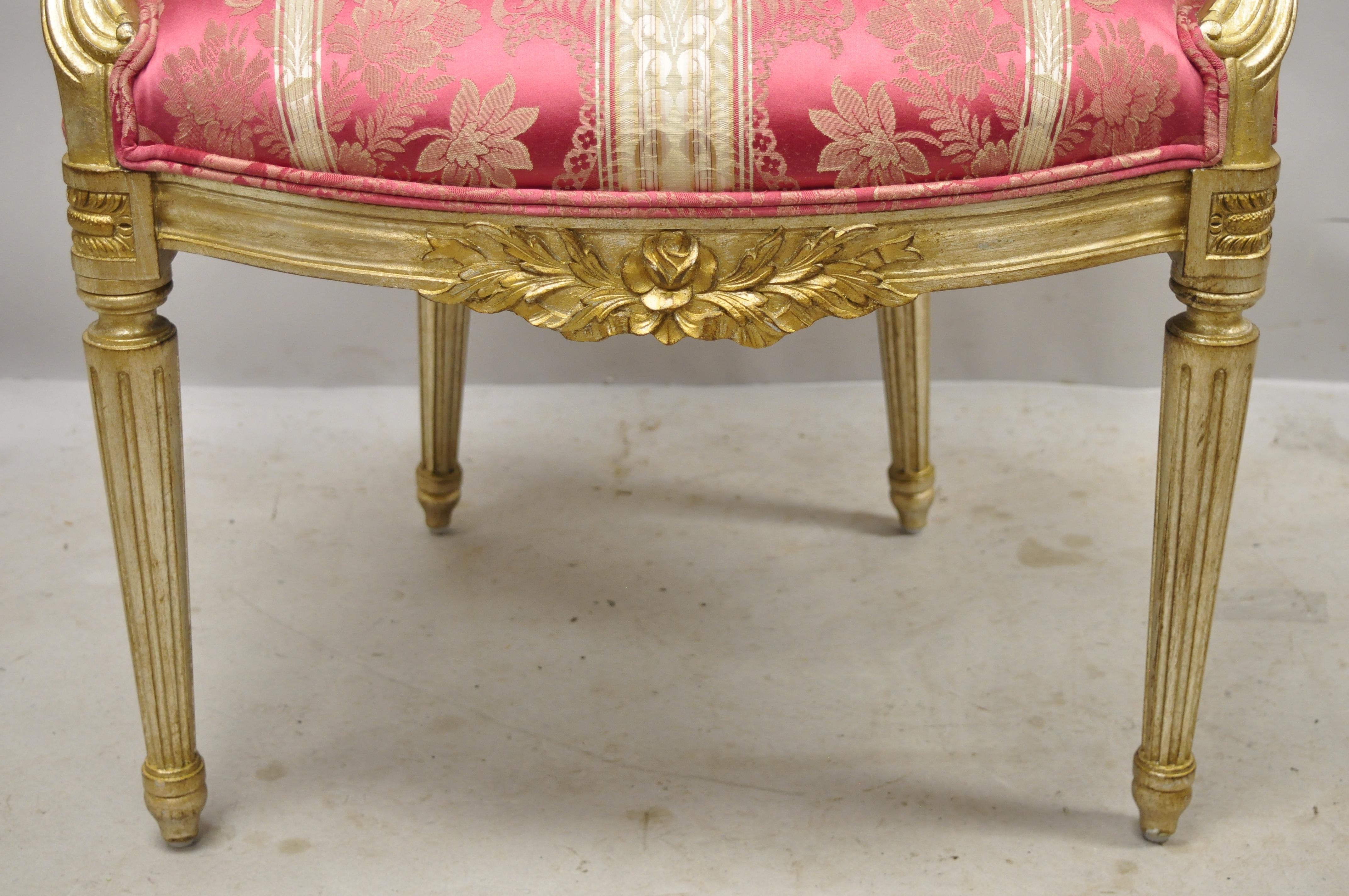 Fabric French Louis XVI Style Silver Gold Gilt Pink Damask Oval Back Arm Chairs, Pair For Sale