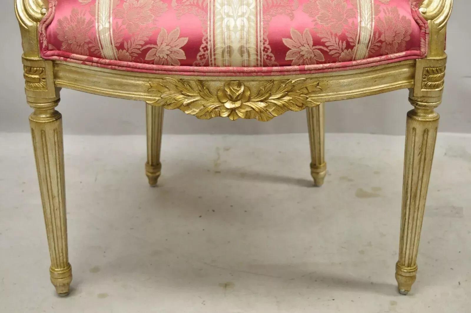 Fabric French Louis XVI Style Silver Gold Gilt Pink Damask Oval Back Arm Chairs - Pair For Sale