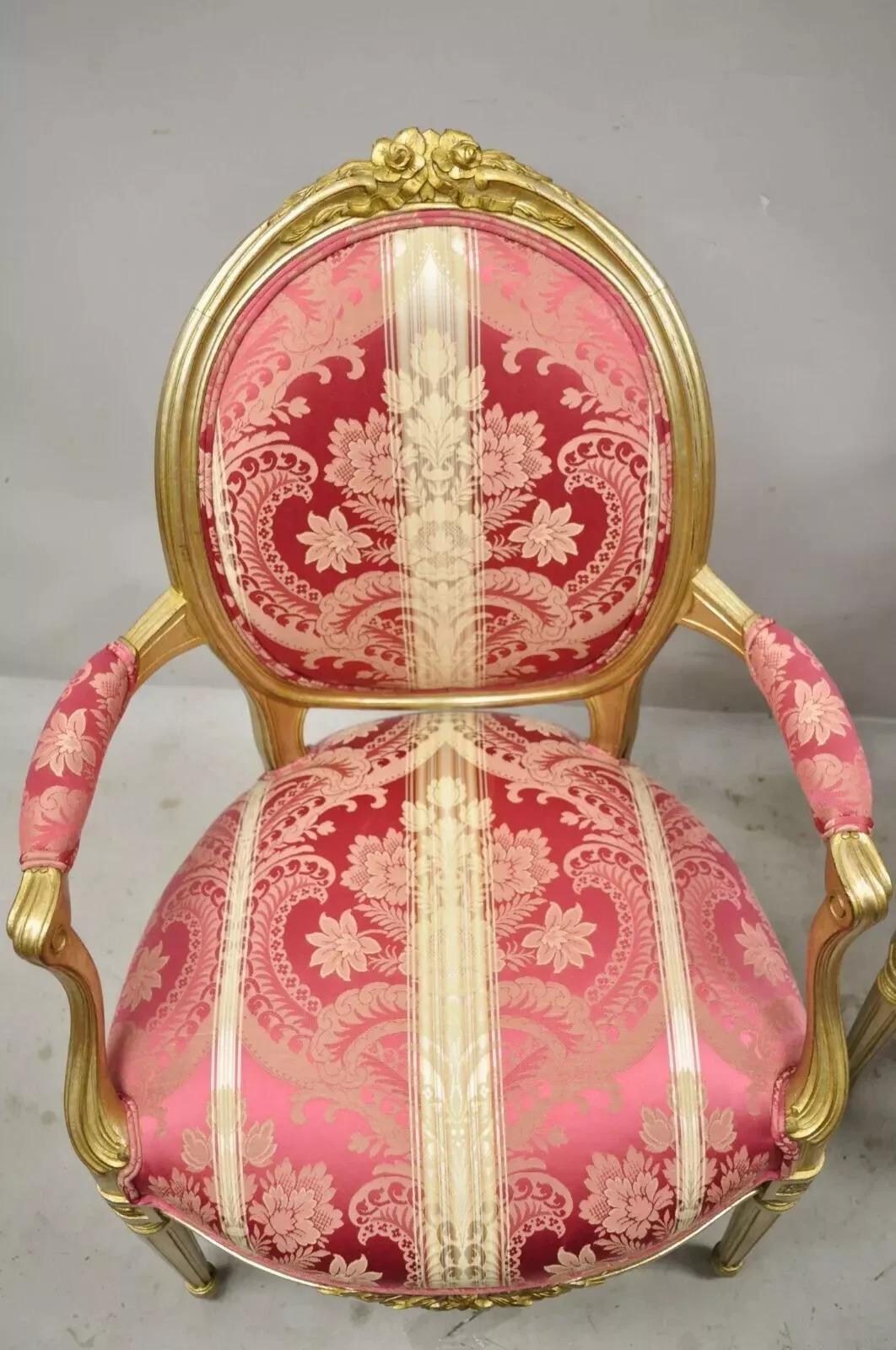 French Louis XVI Style Silver Gold Gilt Pink Damask Oval Back Arm Chairs - Pair For Sale 1