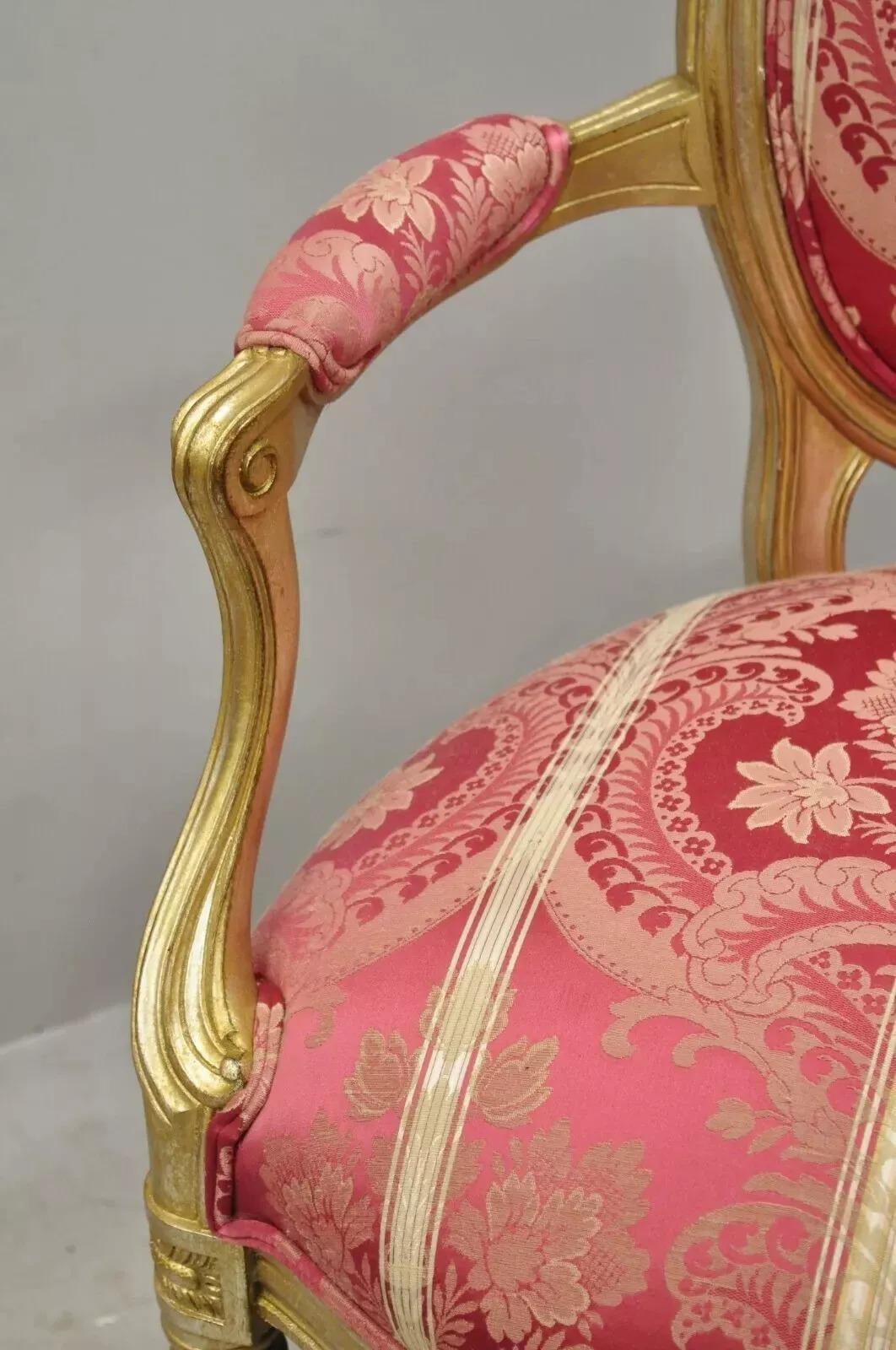 French Louis XVI Style Silver Gold Gilt Pink Damask Oval Back Arm Chairs - Pair For Sale 2