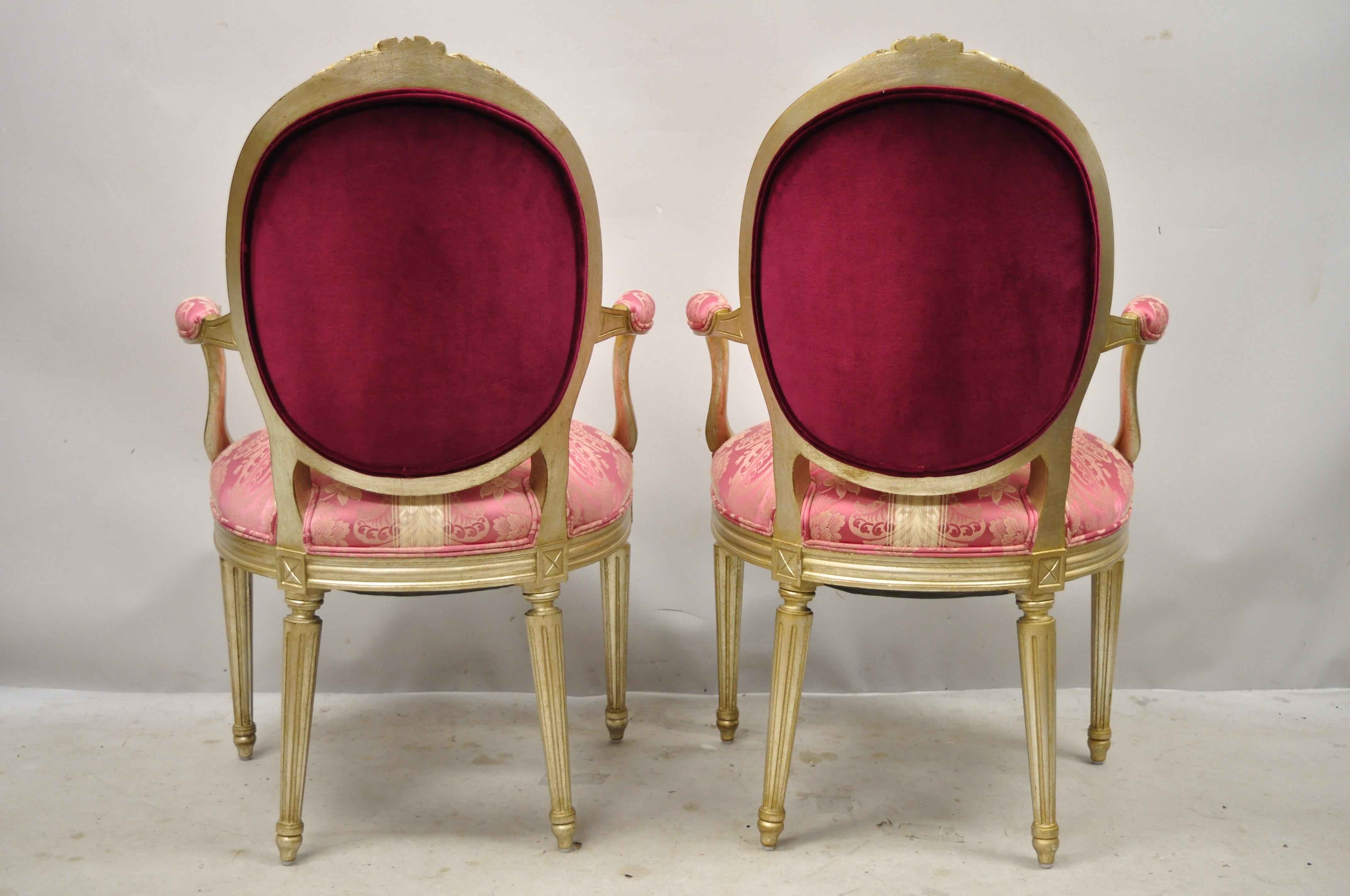 French Louis XVI Style Silver Gold Gilt Pink Damask Oval Back Arm Chairs, Pair For Sale 3