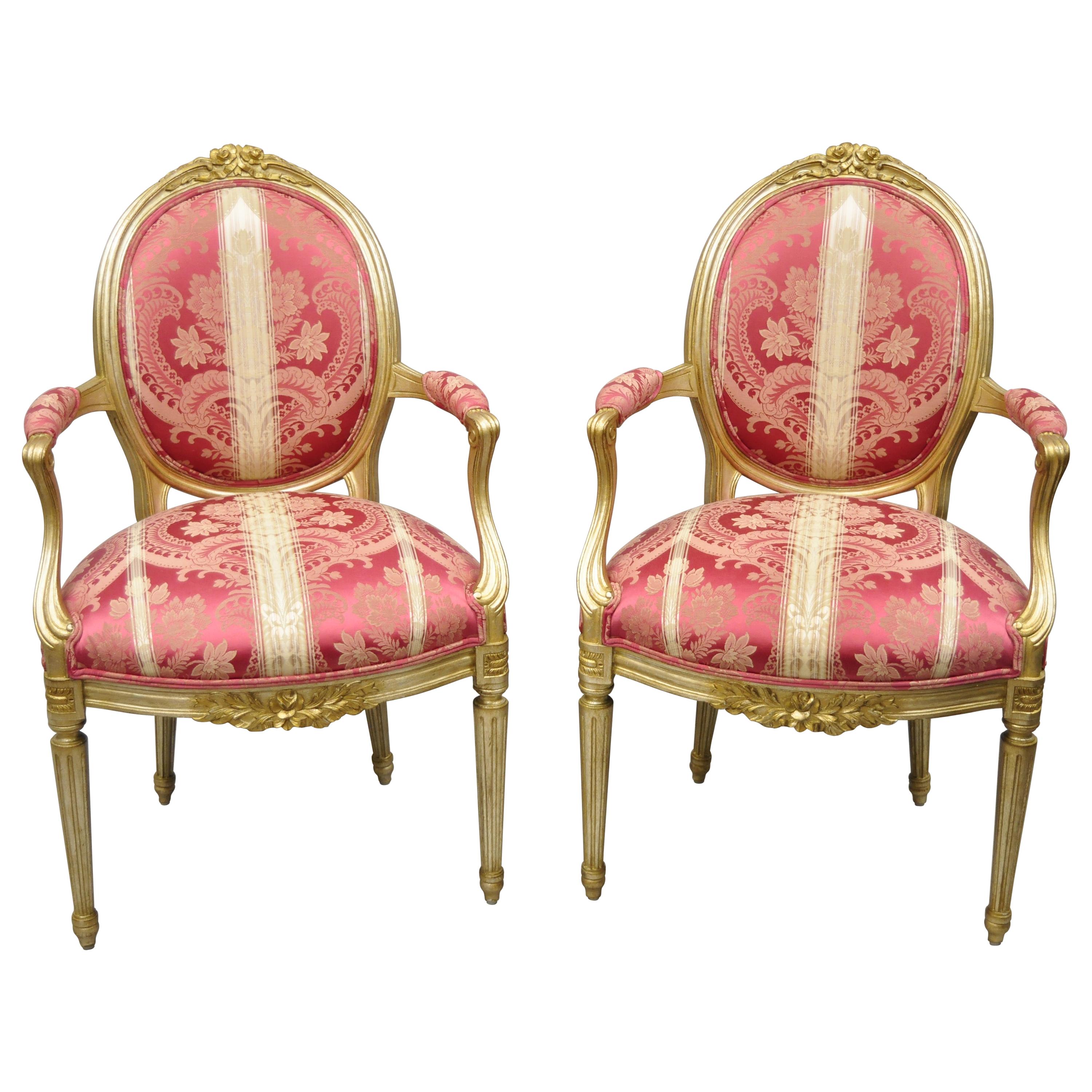 French Louis XVI Style Silver Gold Gilt Pink Damask Oval Back Arm Chairs, Pair