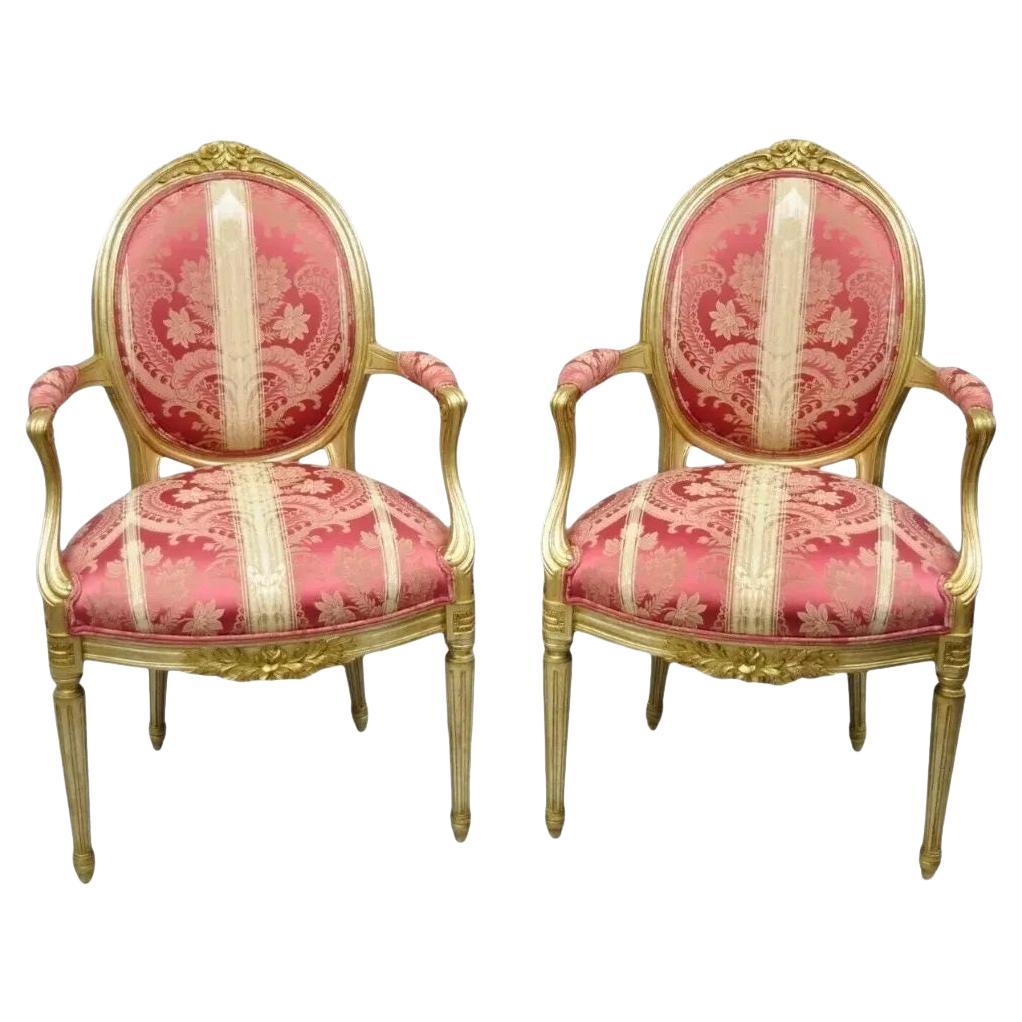 French Louis XVI Style Silver Gold Gilt Pink Damask Oval Back Arm Chairs - Pair
