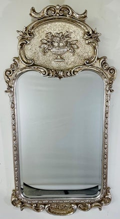 French Louis XVI Trumeau Mirror, Silver Gray, Floral Carving, 1940's