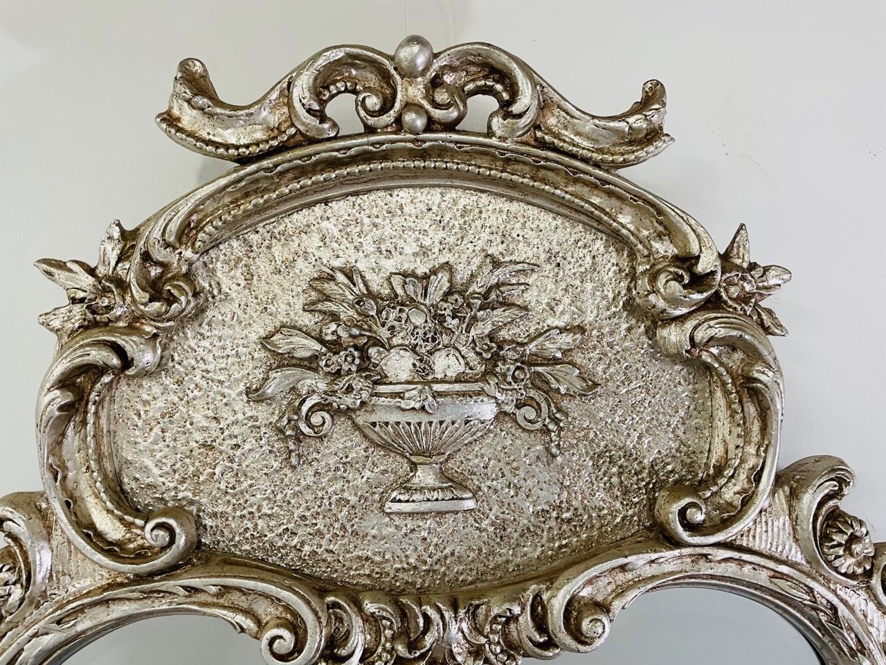 French Louis XVI Style Silver Trumeau Floral Design Wall or Mantel Mirror In Good Condition For Sale In Plainview, NY