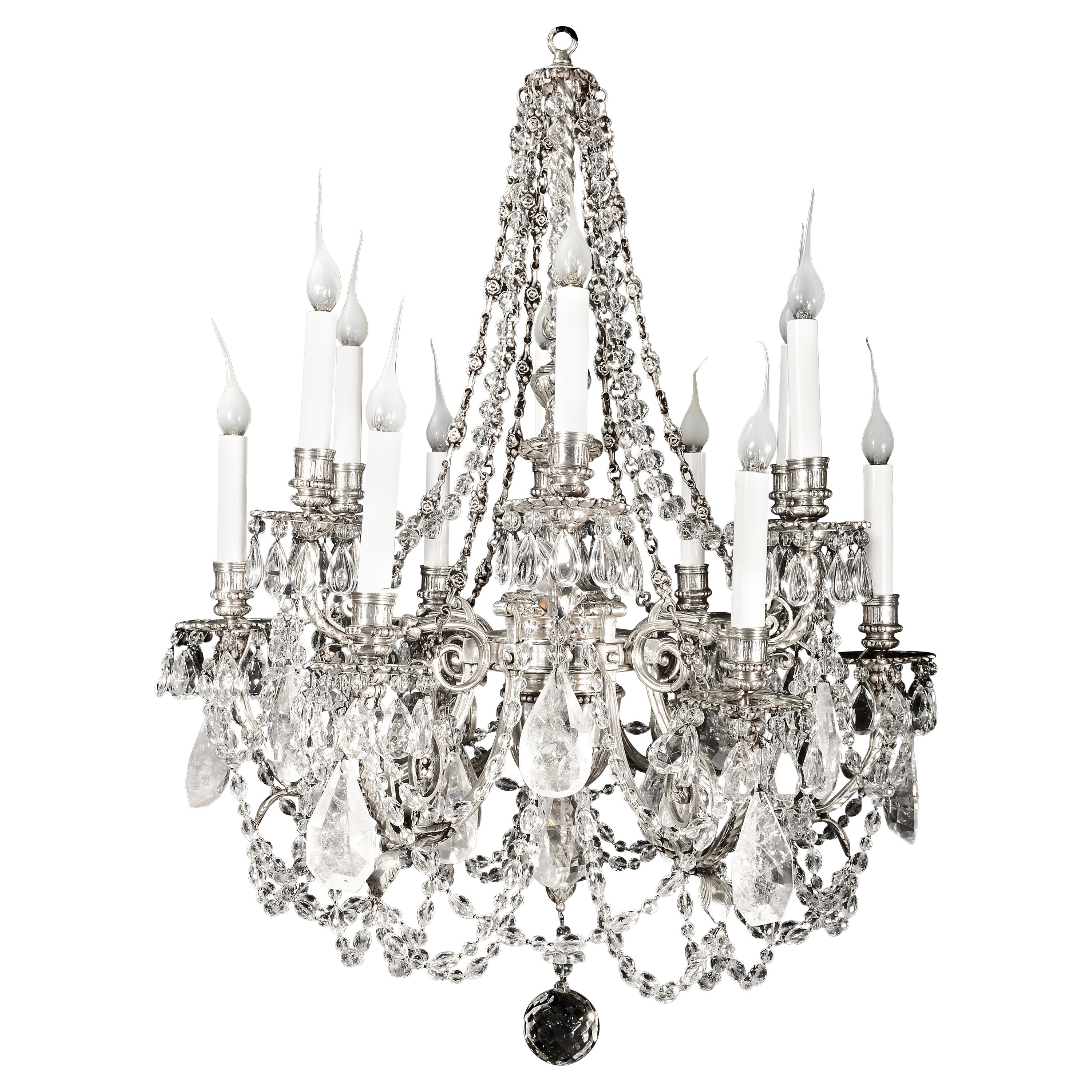 Lustre français de style Louis XVI en bronze argenté et cristal de roche en vente