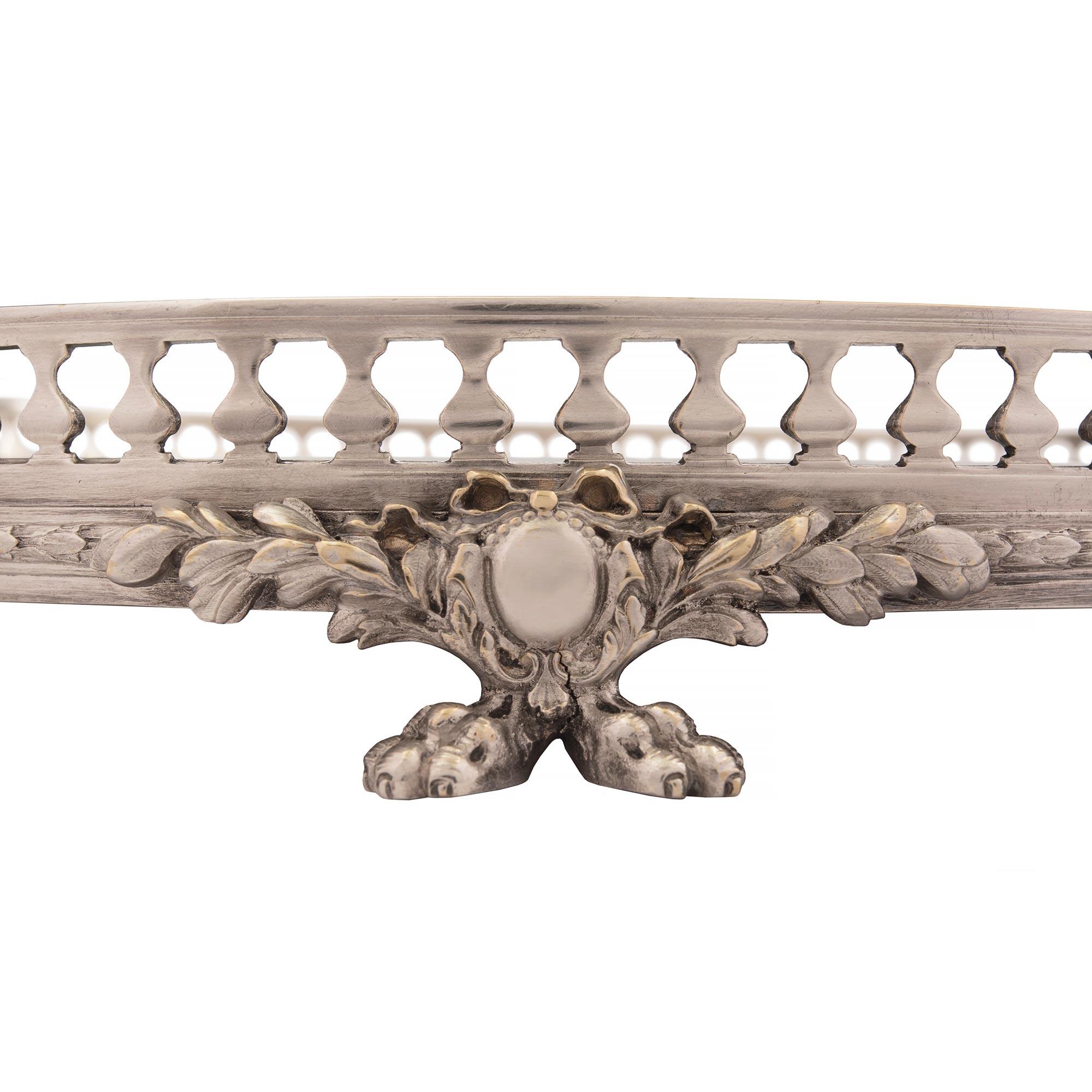 French Louis XVI Style Silvered Bronze Mirrored Oval Centerpiece For Sale 1