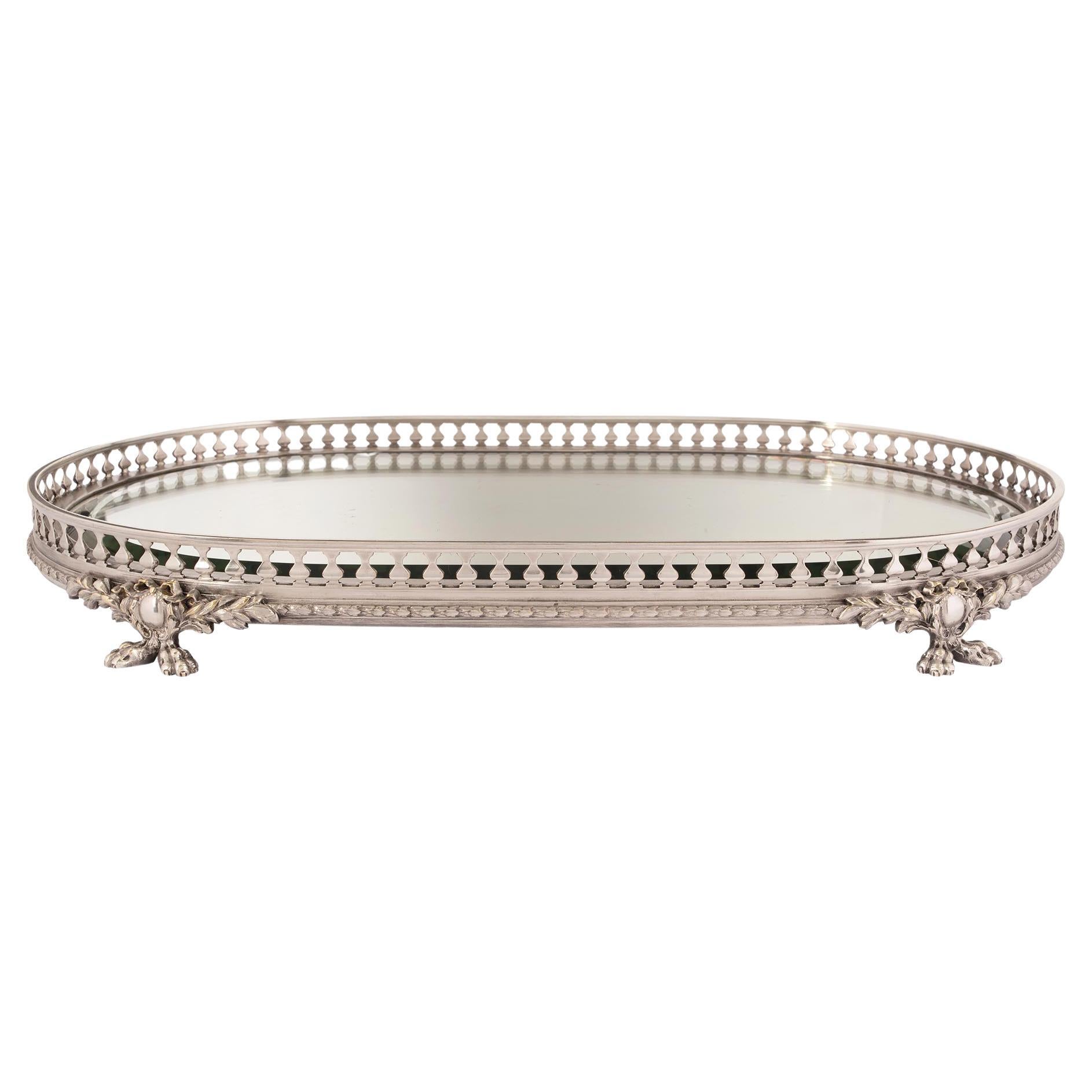 French Louis XVI Style Silvered Bronze Mirrored Oval Centerpiece