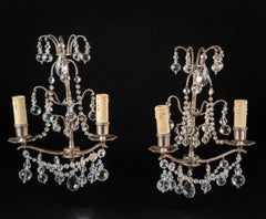 French Louis XVI Style Silvered Metal and Cut Crystal Two-Light Sconces , 1940s