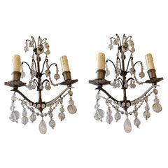 French Louis XVI Style Silvered Metal and Cut Crystal Two-Light Sconces , 1940s