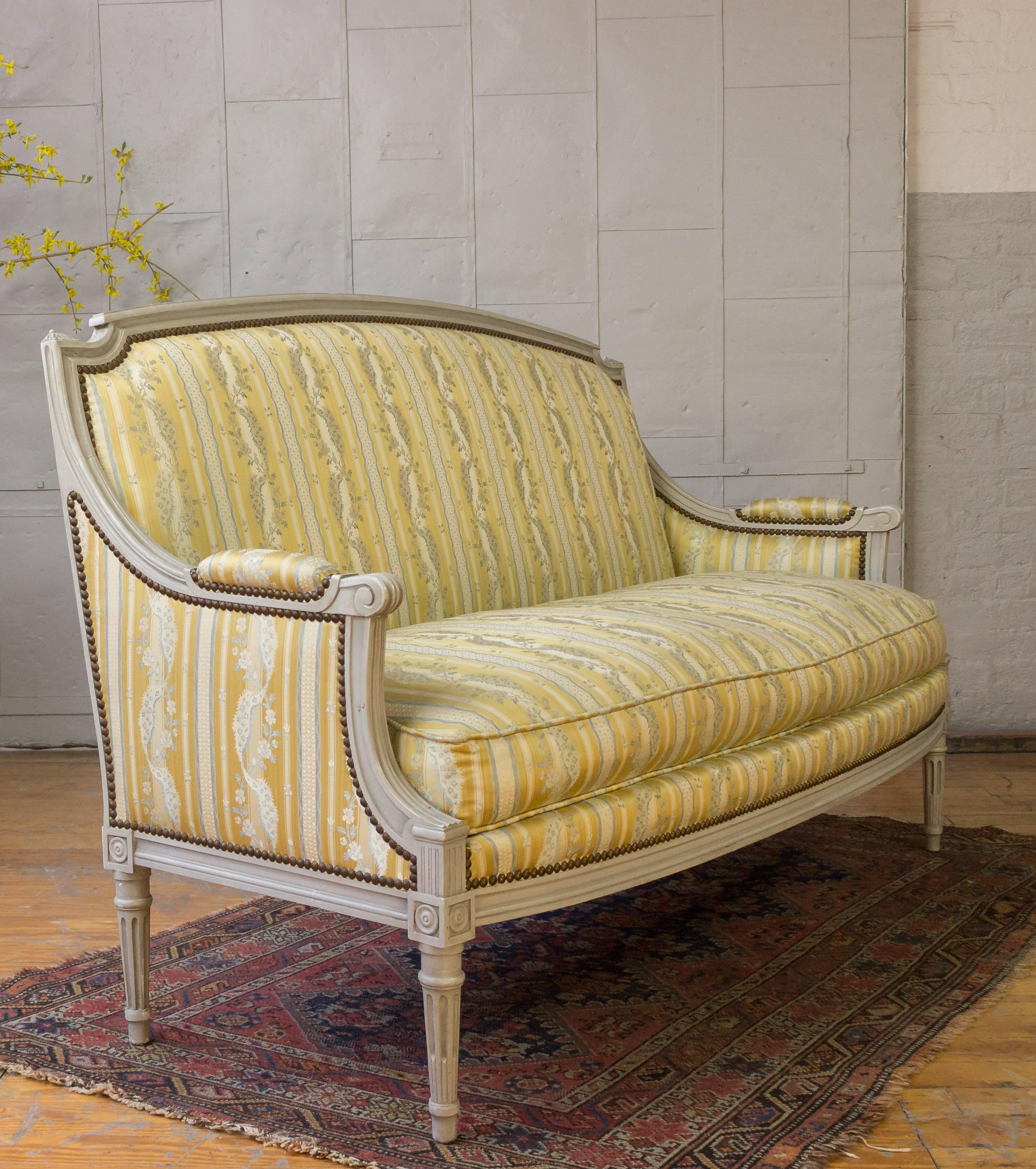 French Louis XVI Style Sofa with Painted Carved Frame 1