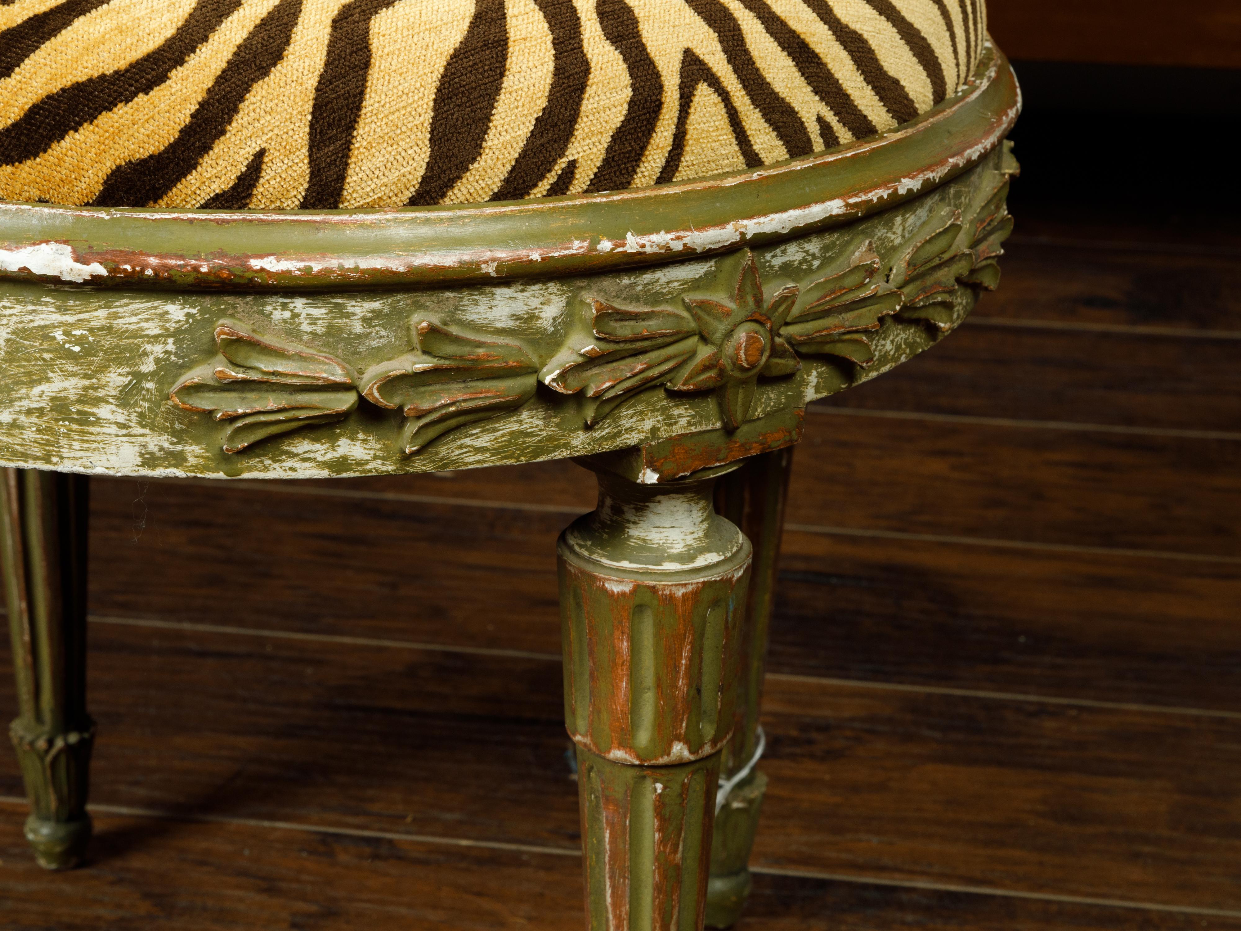 Carved French Louis XVI Style Soft Green Painted Stool with Faux Tiger Print Fabric