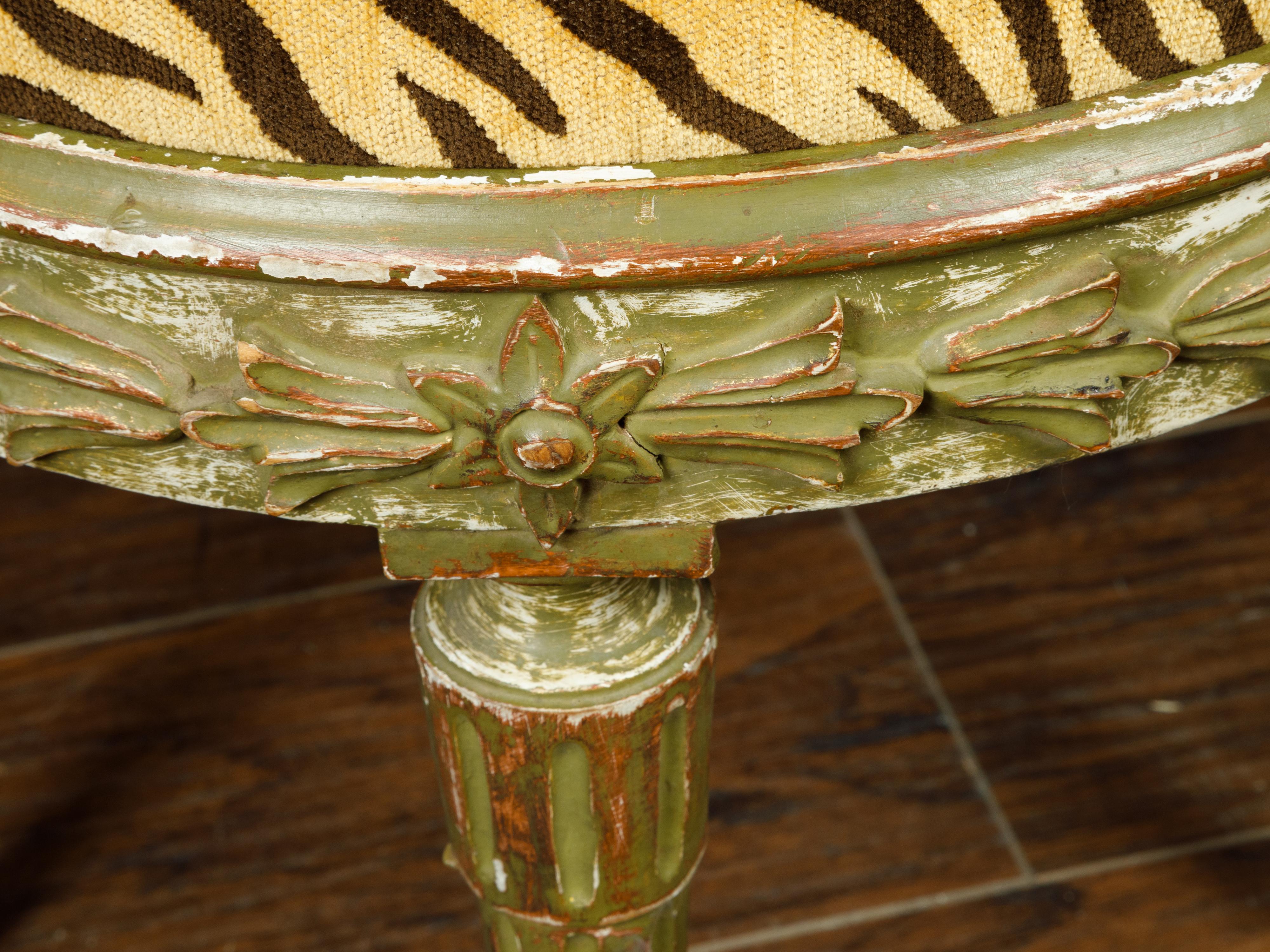 French Louis XVI Style Soft Green Painted Stool with Faux Tiger Print Fabric 2