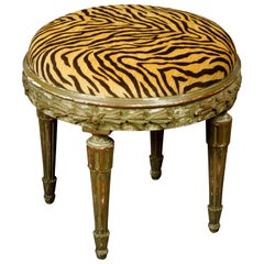 French Louis XVI Style Soft Green Painted Stool with Faux Tiger Print Fabric