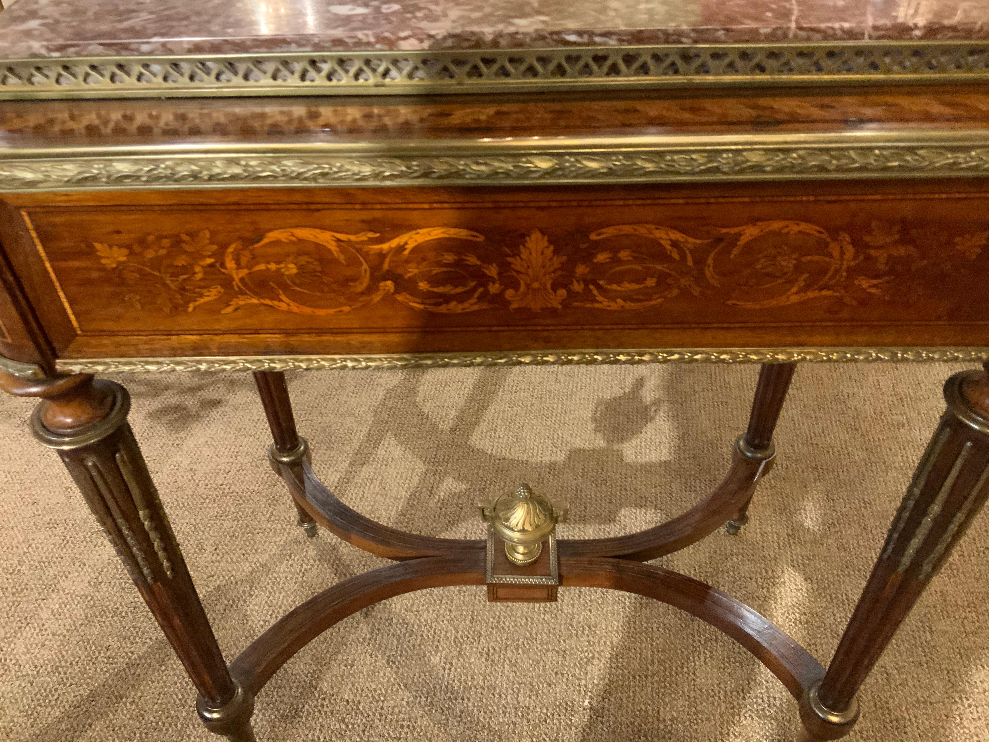 Satinwood French Louis XVI-Style Table, 19th Century with Marquetry Inlay, Marble Top For Sale