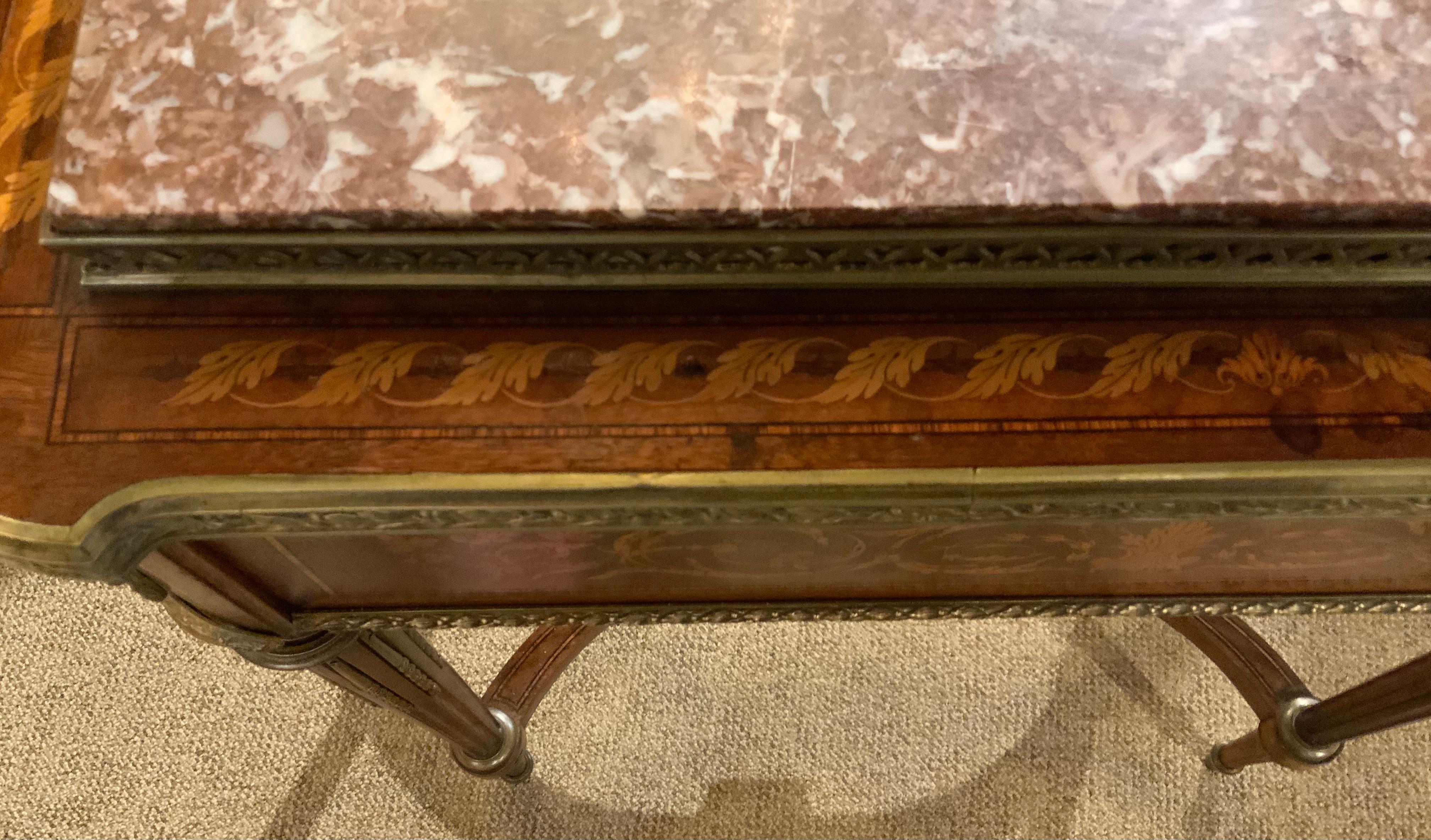 French Louis XVI-Style Table, 19th Century with Marquetry Inlay, Marble Top For Sale 3