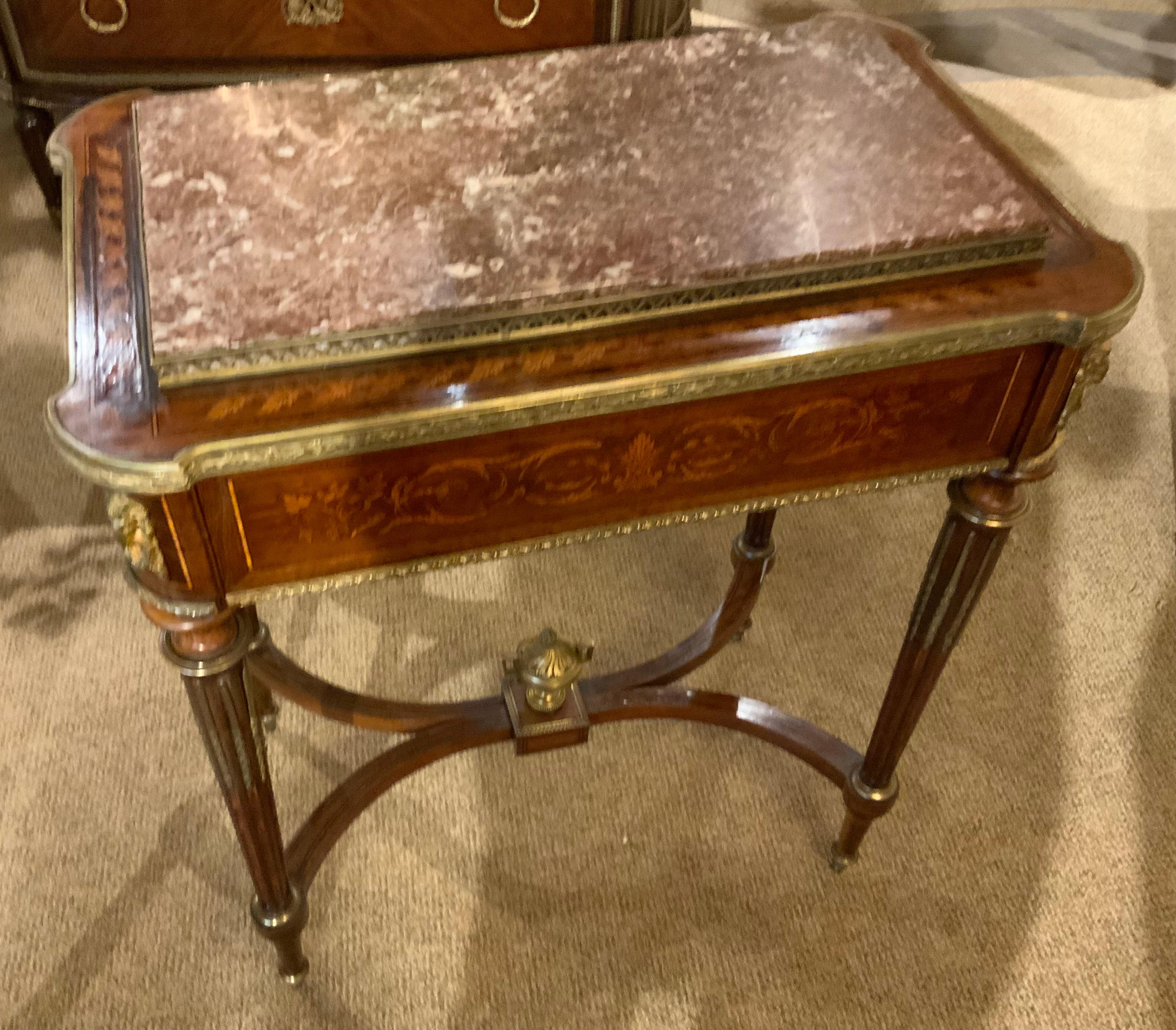 French Louis XVI-Style Table, 19th Century with Marquetry Inlay, Marble Top For Sale 5