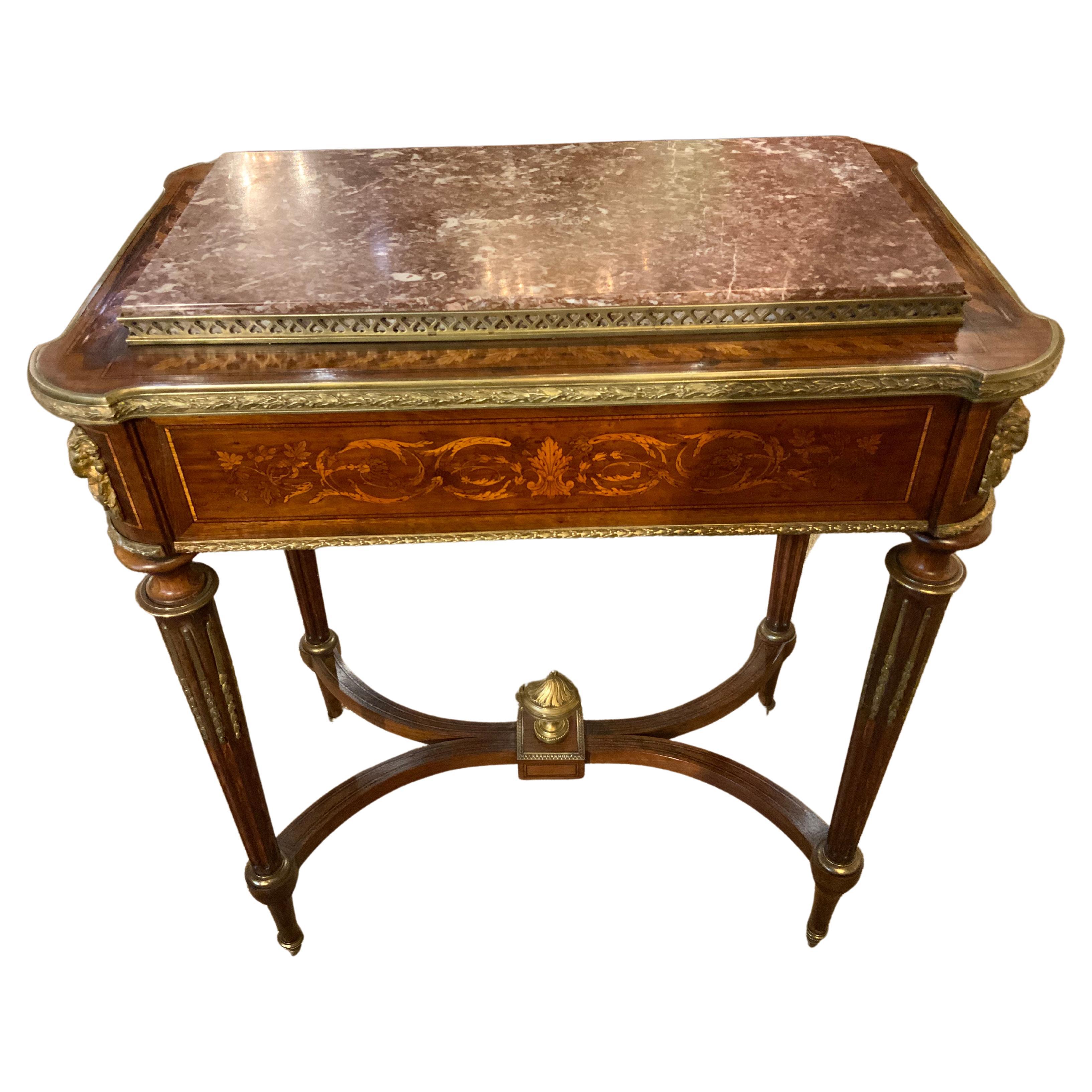 French Louis XVI-Style Table, 19th Century with Marquetry Inlay, Marble Top
