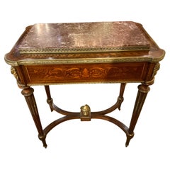 French Louis XVI-Style Table, 19th Century with Marquetry Inlay, Marble Top