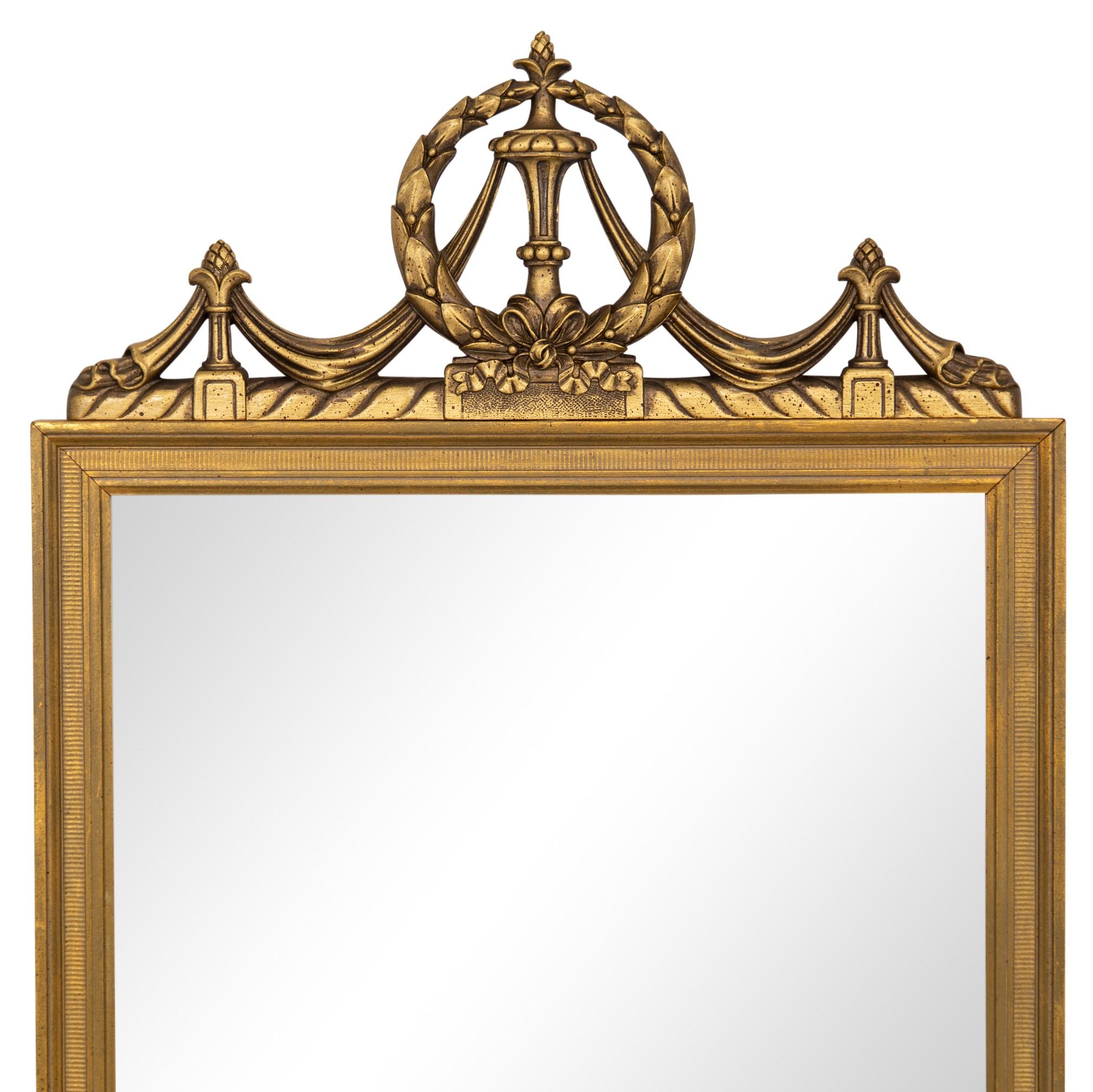 Gilt French Louis XVI Style Tall Gilded Mirror with Swag & Wreath Crest