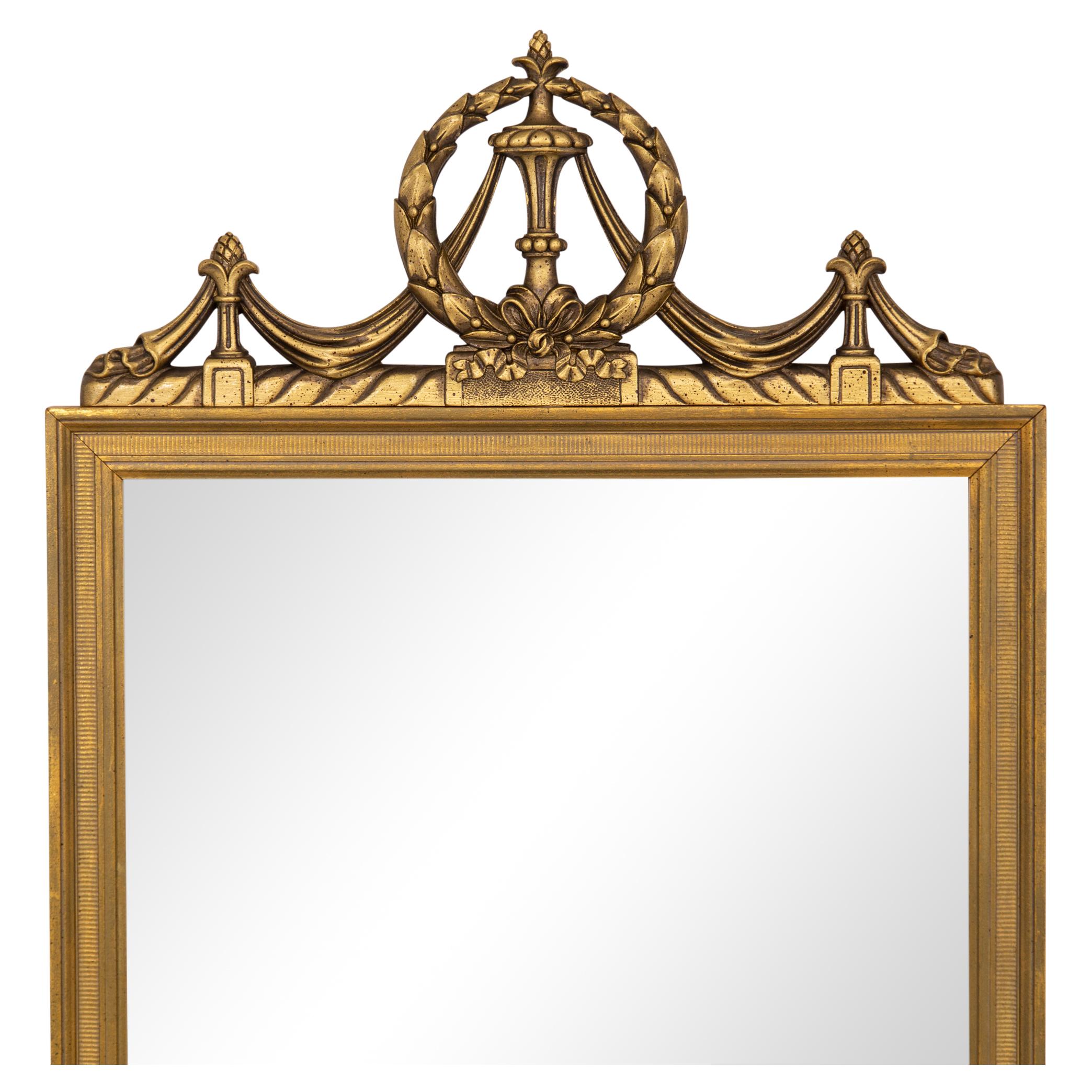 French Louis XVI Style Tall Gilded Mirror with Swag & Wreath Crest In Good Condition In Baltimore, MD